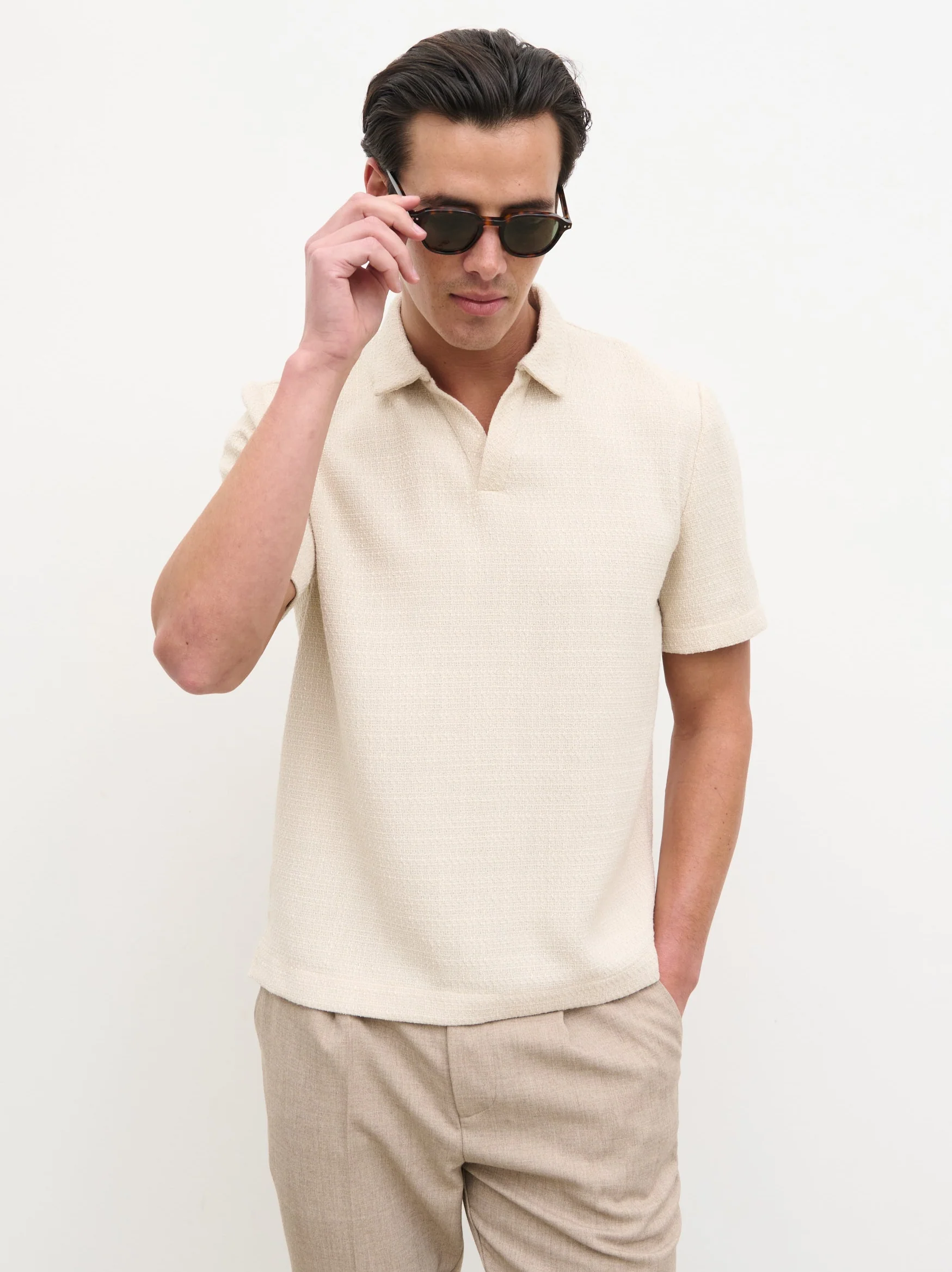 Alexander Textured Jersey Short Sleeve Shirt - Beige - Image 3
