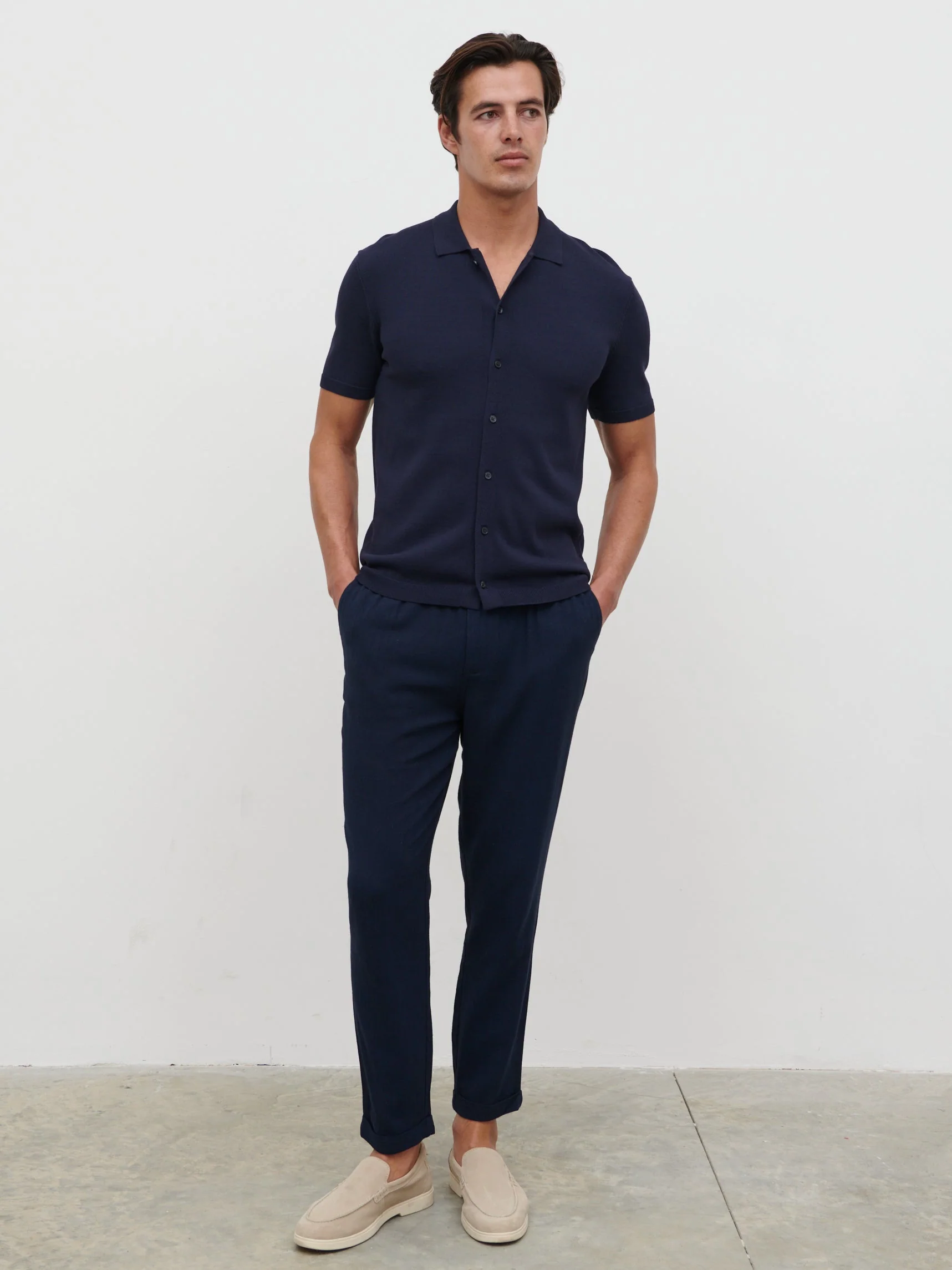 Angus Lightweight Button Down Knitted Shirt - Navy - Image 4