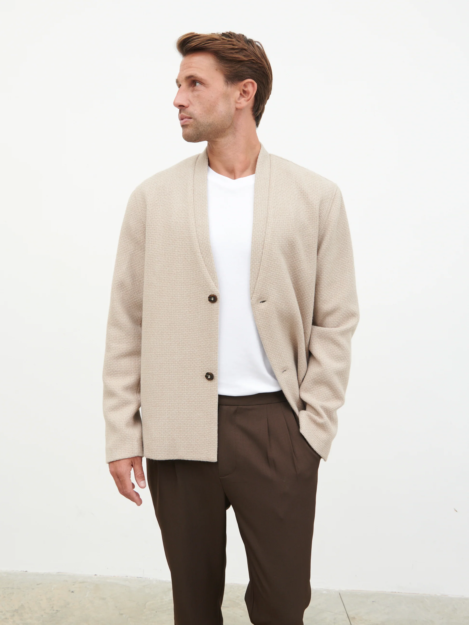 Bear Collarless Jacket - Beige - Image 8