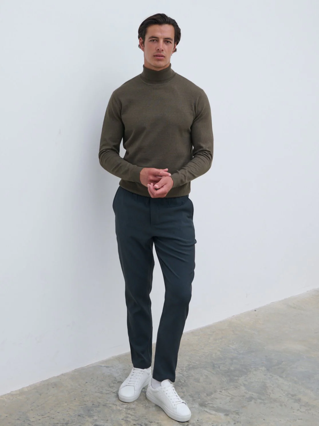 Bennett Light Knit Roll Neck Jumper - Dark Olive - Image 3