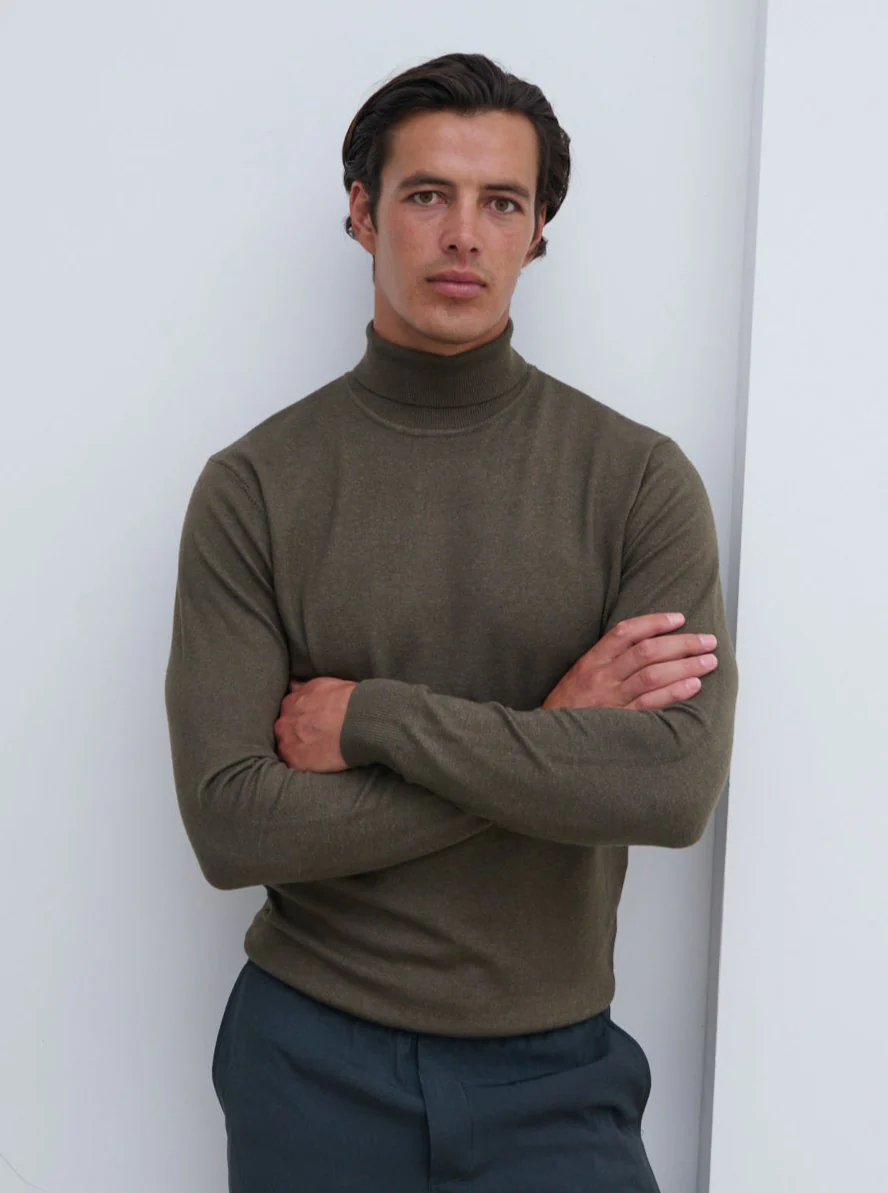 Bennett Light Knit Roll Neck Jumper - Dark Olive - Image 4