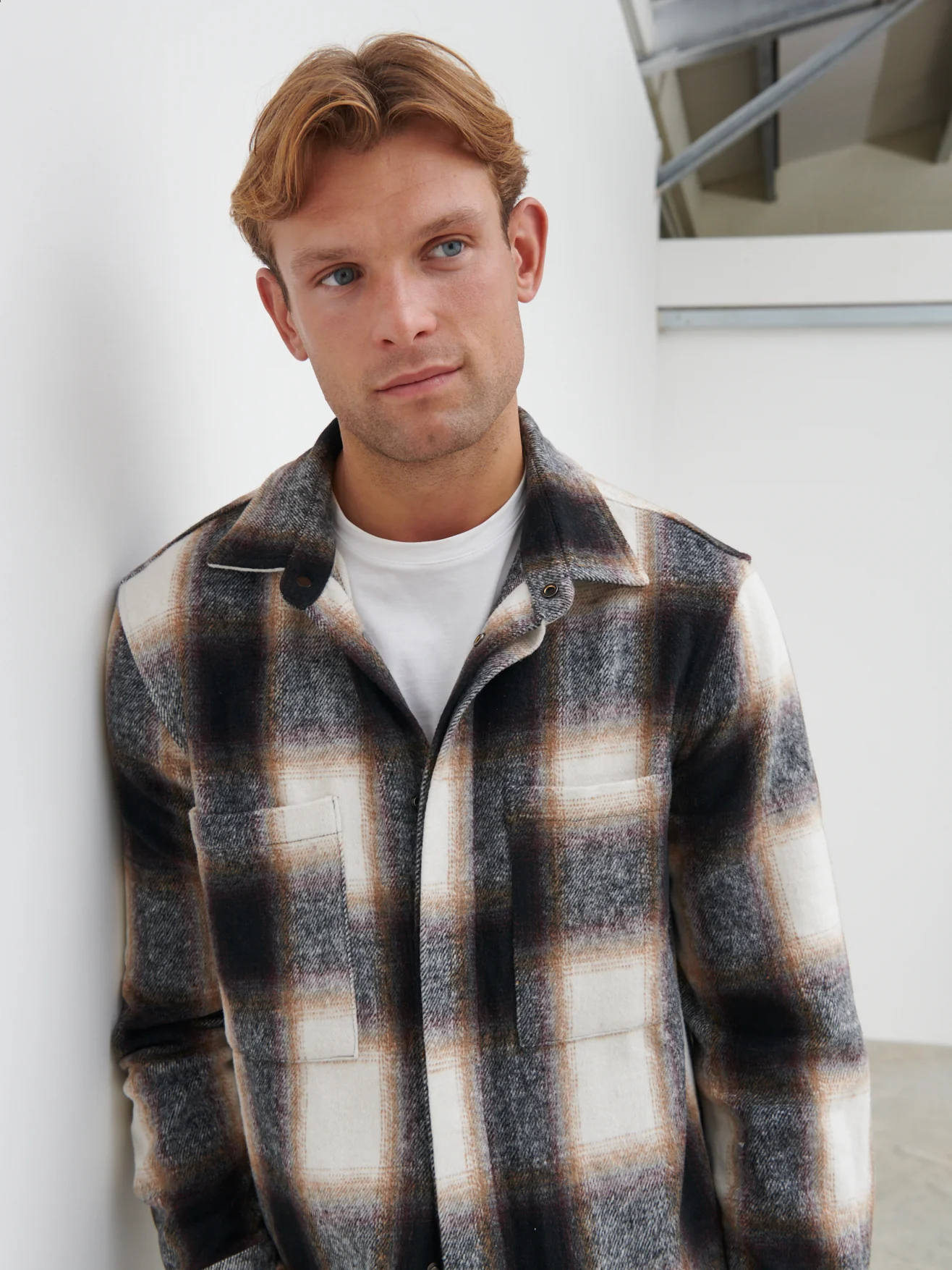 Bill Brushed Overshirt - Grey and Brown Check - Image 4