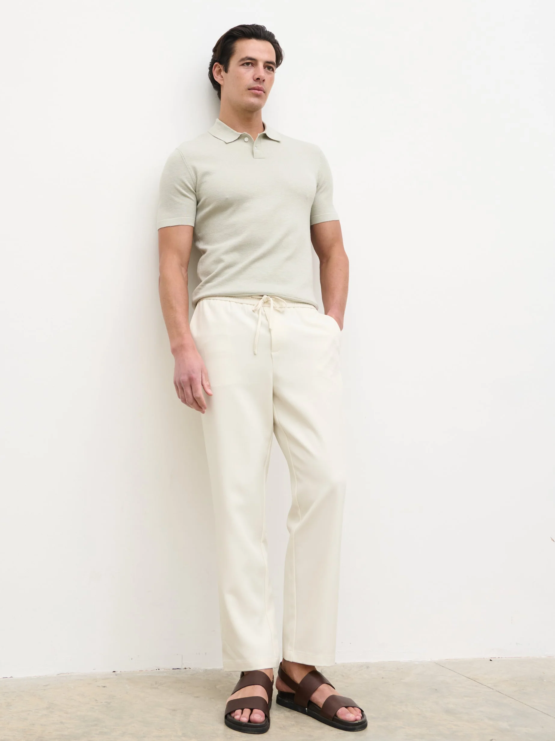 Bryce Straight Leg Drawstring Trousers - Light Stone