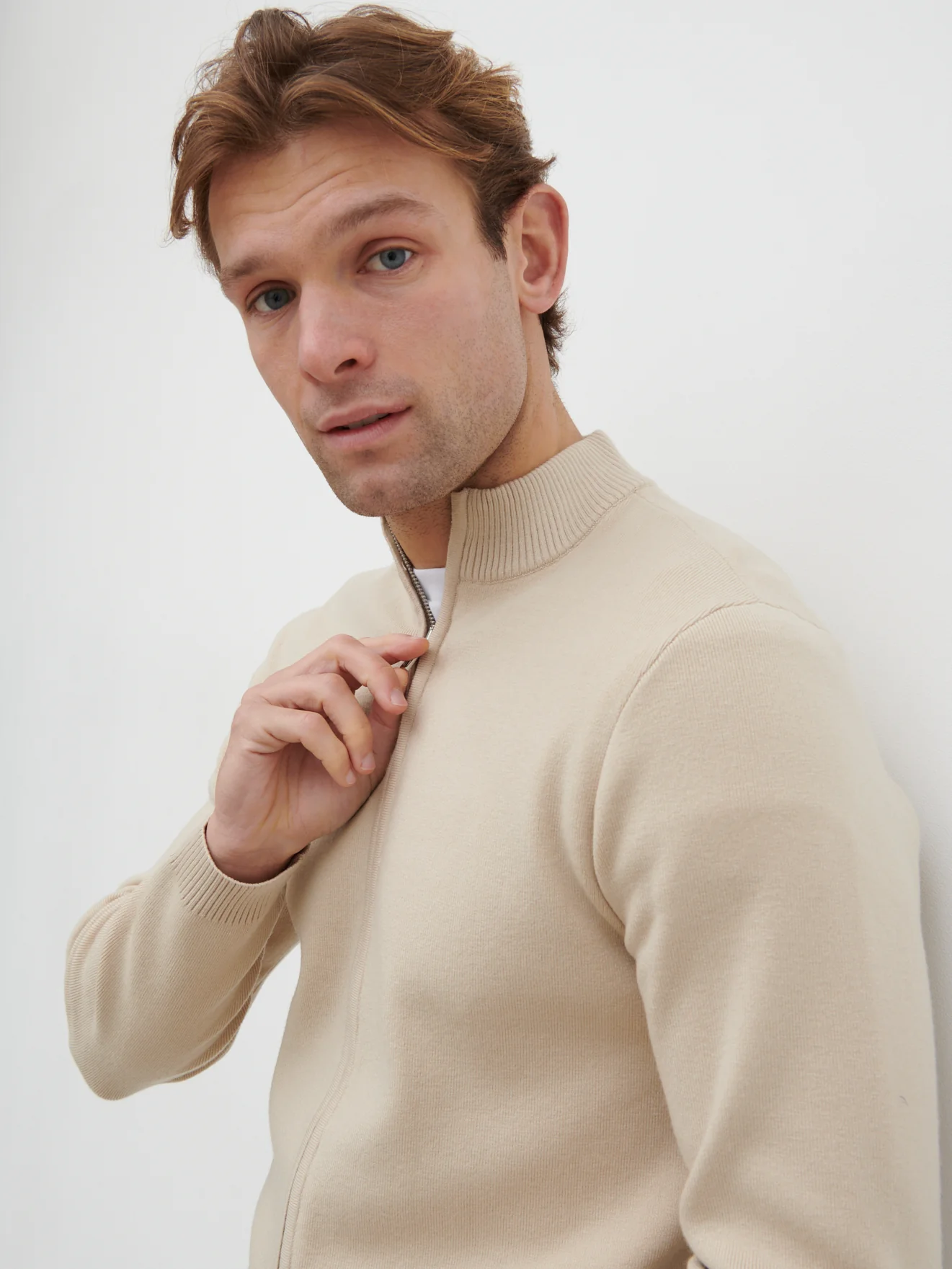Cayden Funnel Neck Zip Knit Jacket - Stone - Image 4
