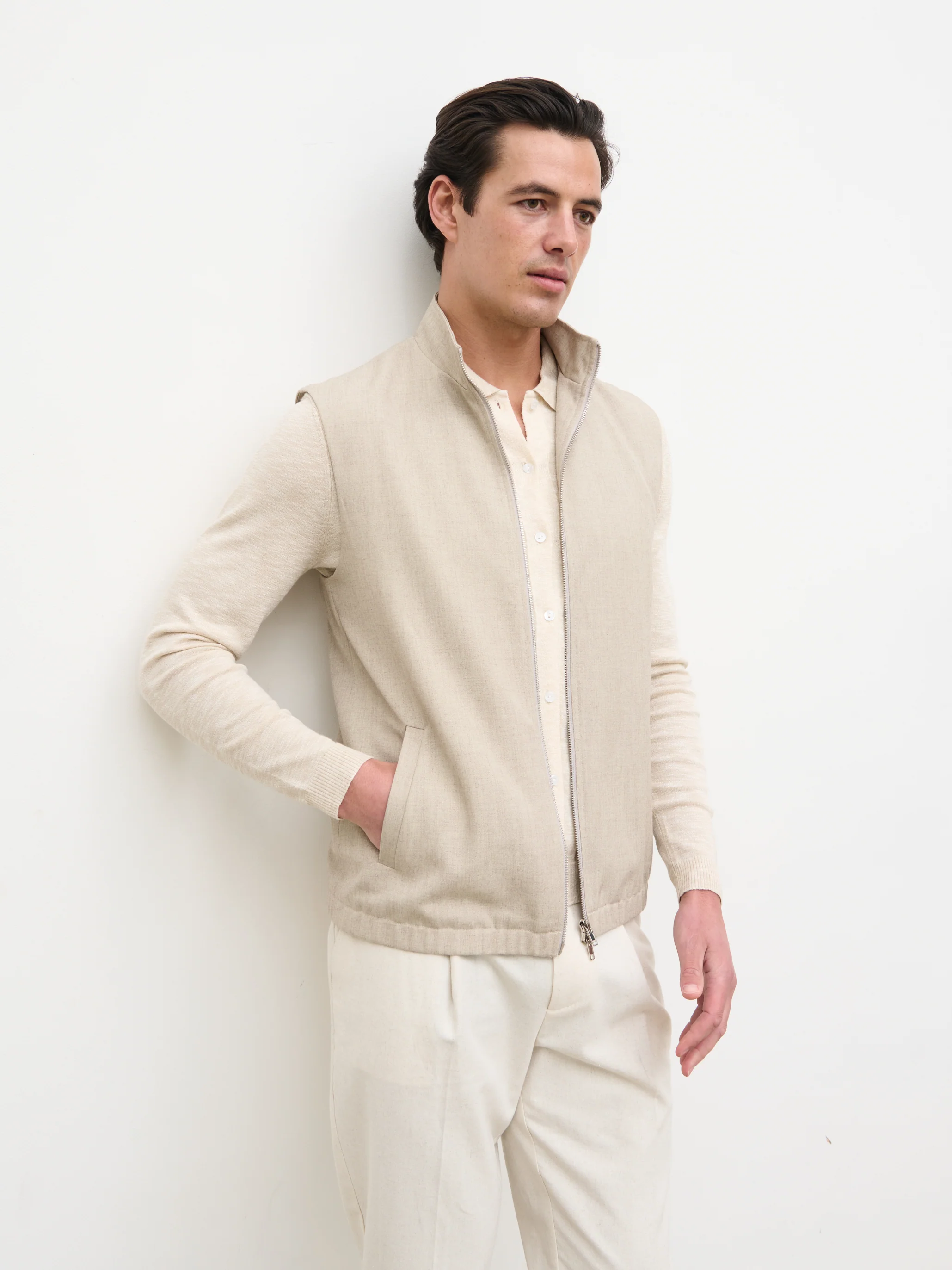 Clarke Double Zipper Gilet - Beige - Image 7