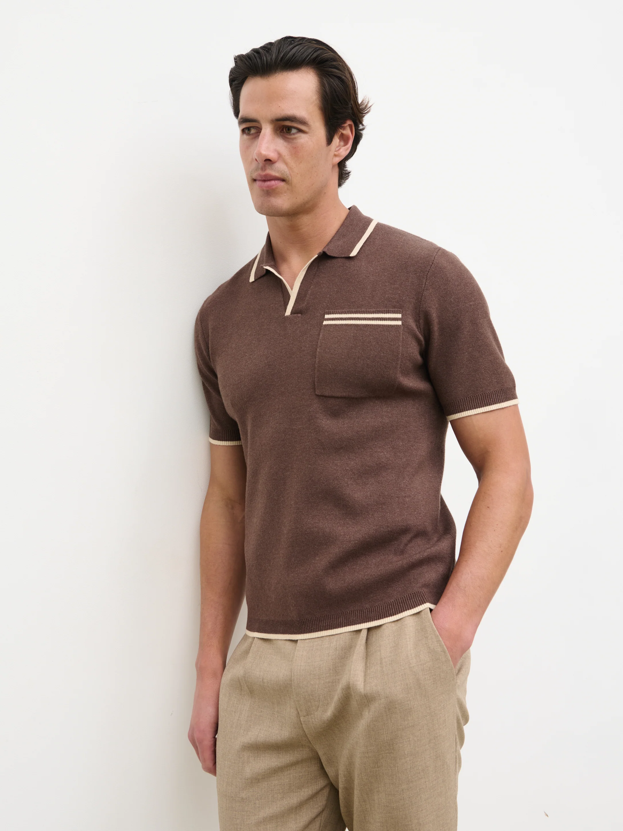 Emerson Tipped Open Collar Knit Polo - Brown and Stone - Image 3