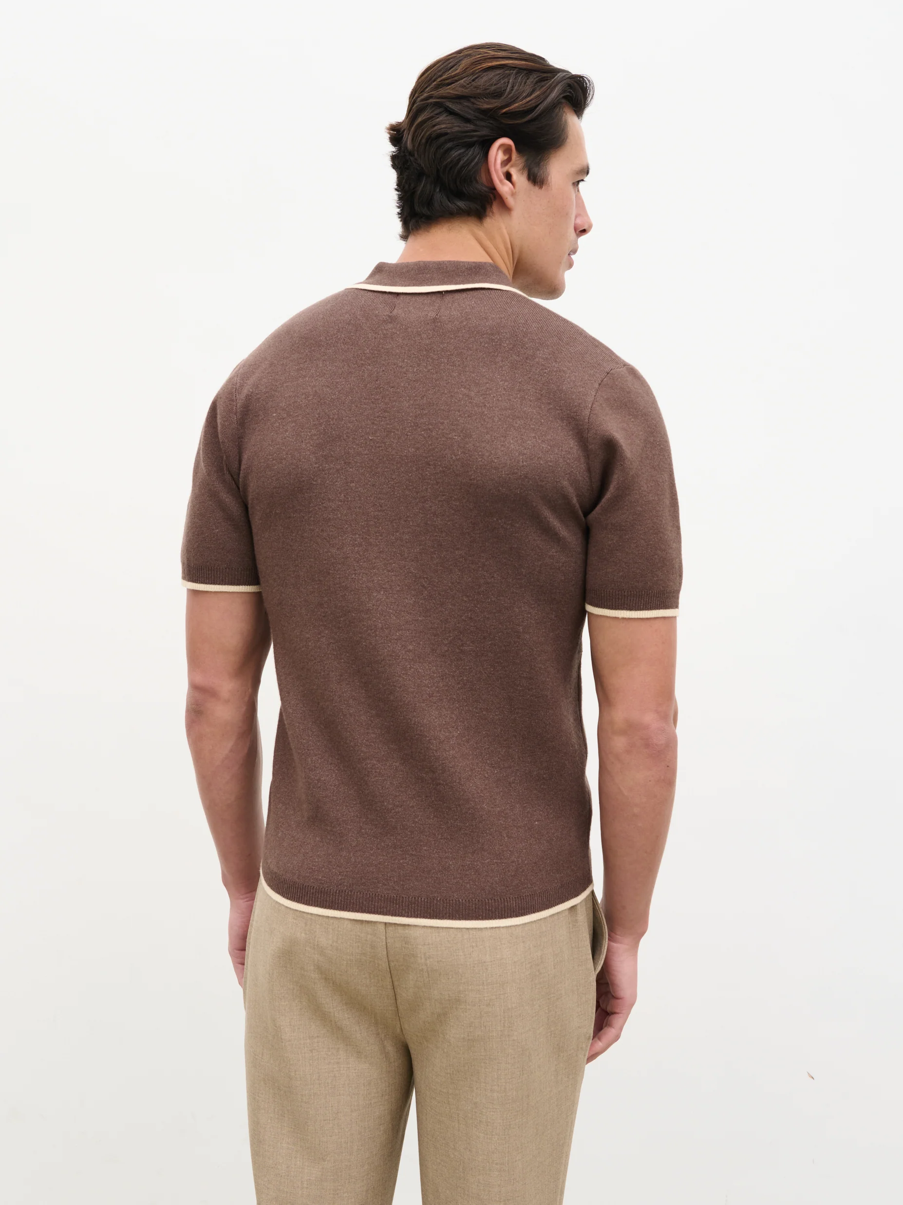 Emerson Tipped Open Collar Knit Polo - Brown and Stone - Image 4