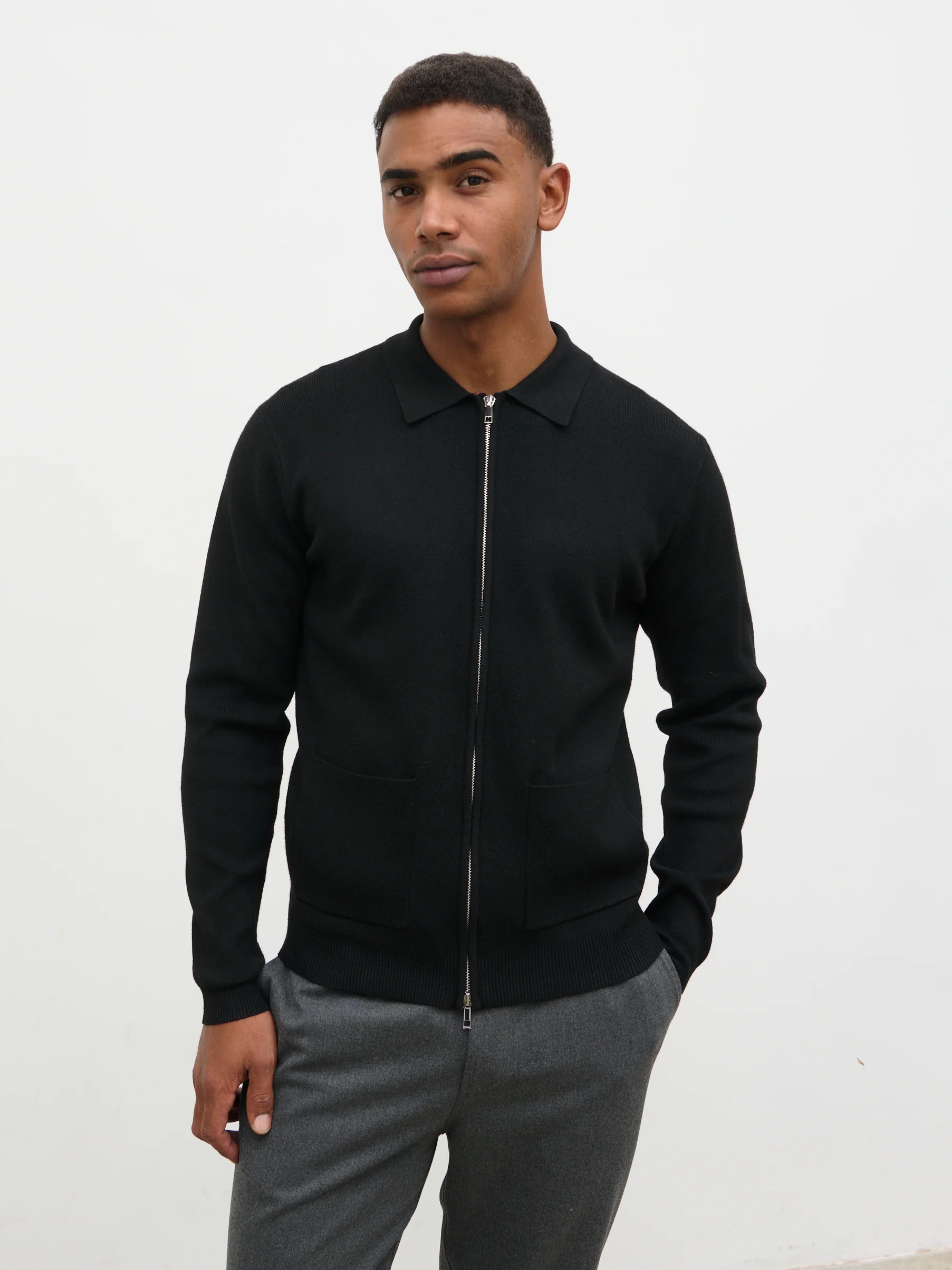 Guy Collar Zip Knit Jacket - Black - Image 3