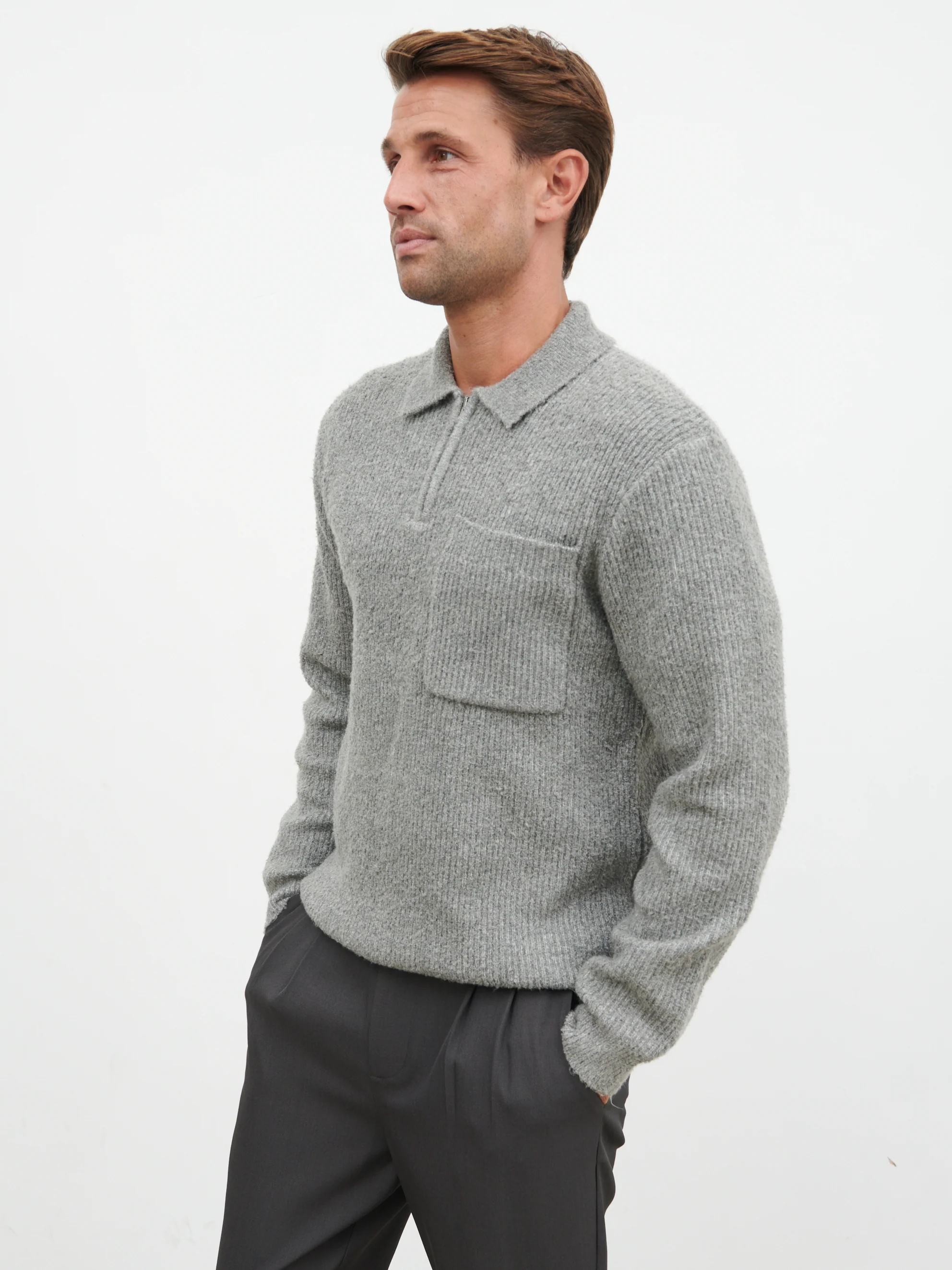 Henley Boucle Knit Zip Jumper - Charcoal