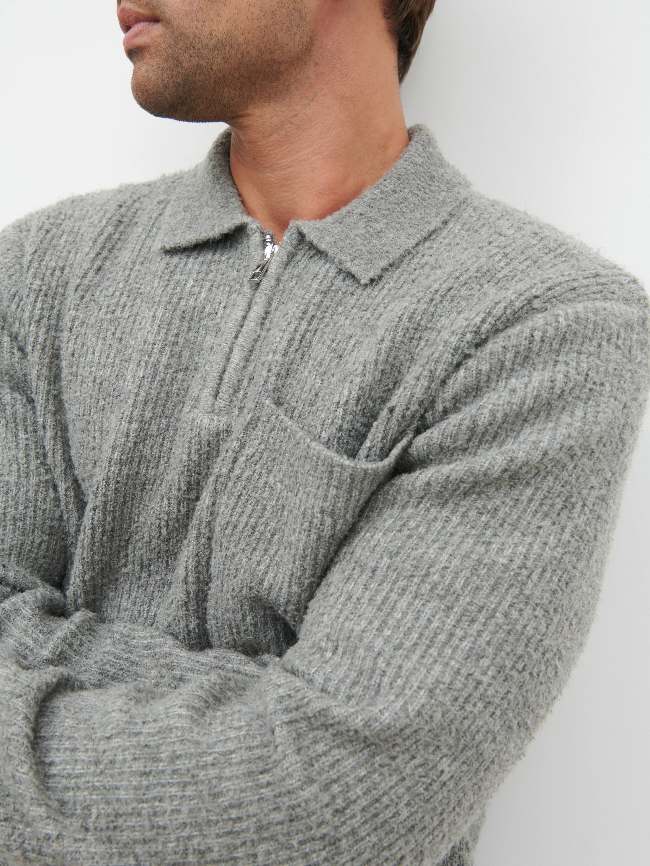 Henley Boucle Knit Zip Jumper - Charcoal - Image 2