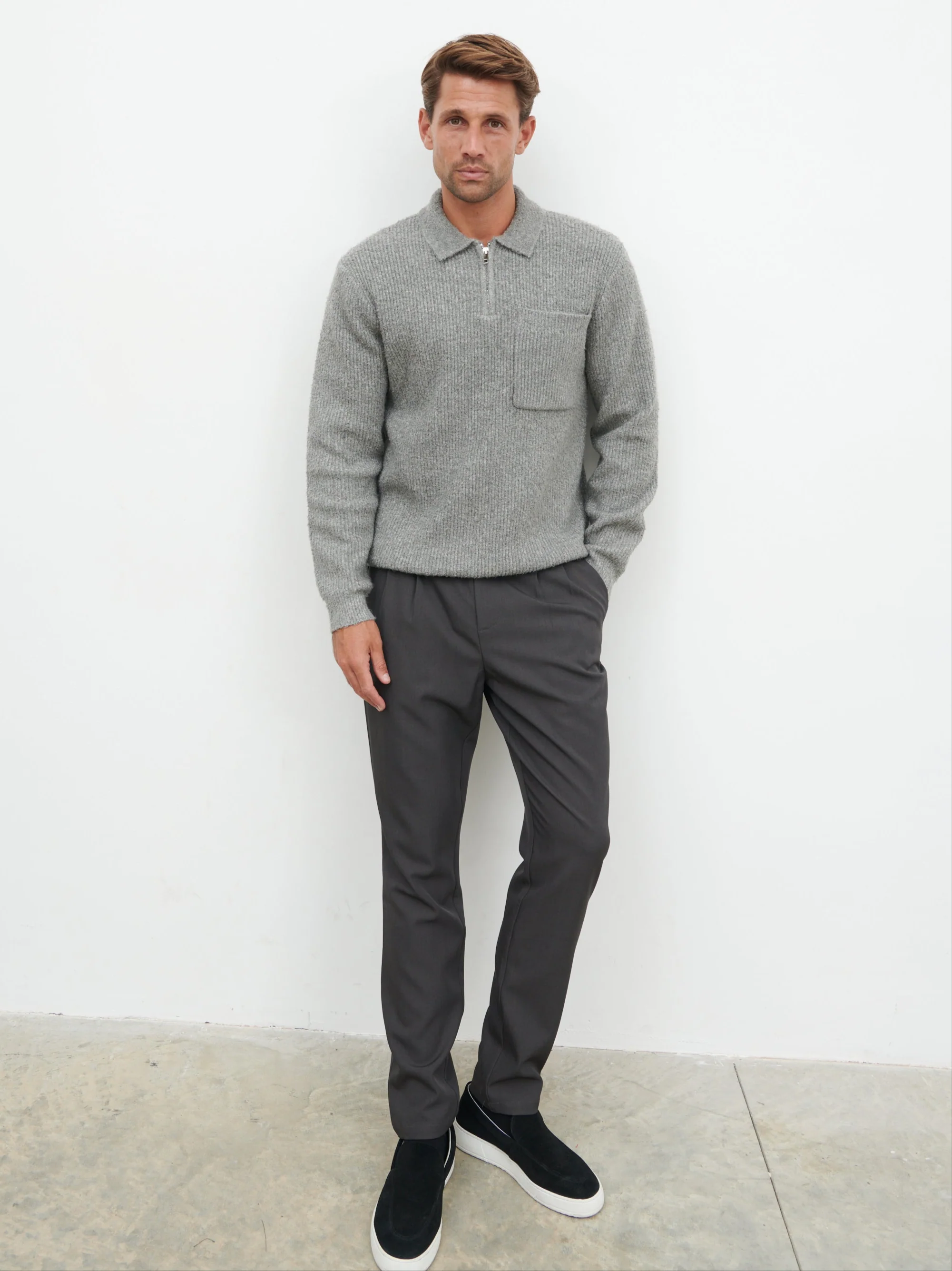 Henley Boucle Knit Zip Jumper - Charcoal - Image 3