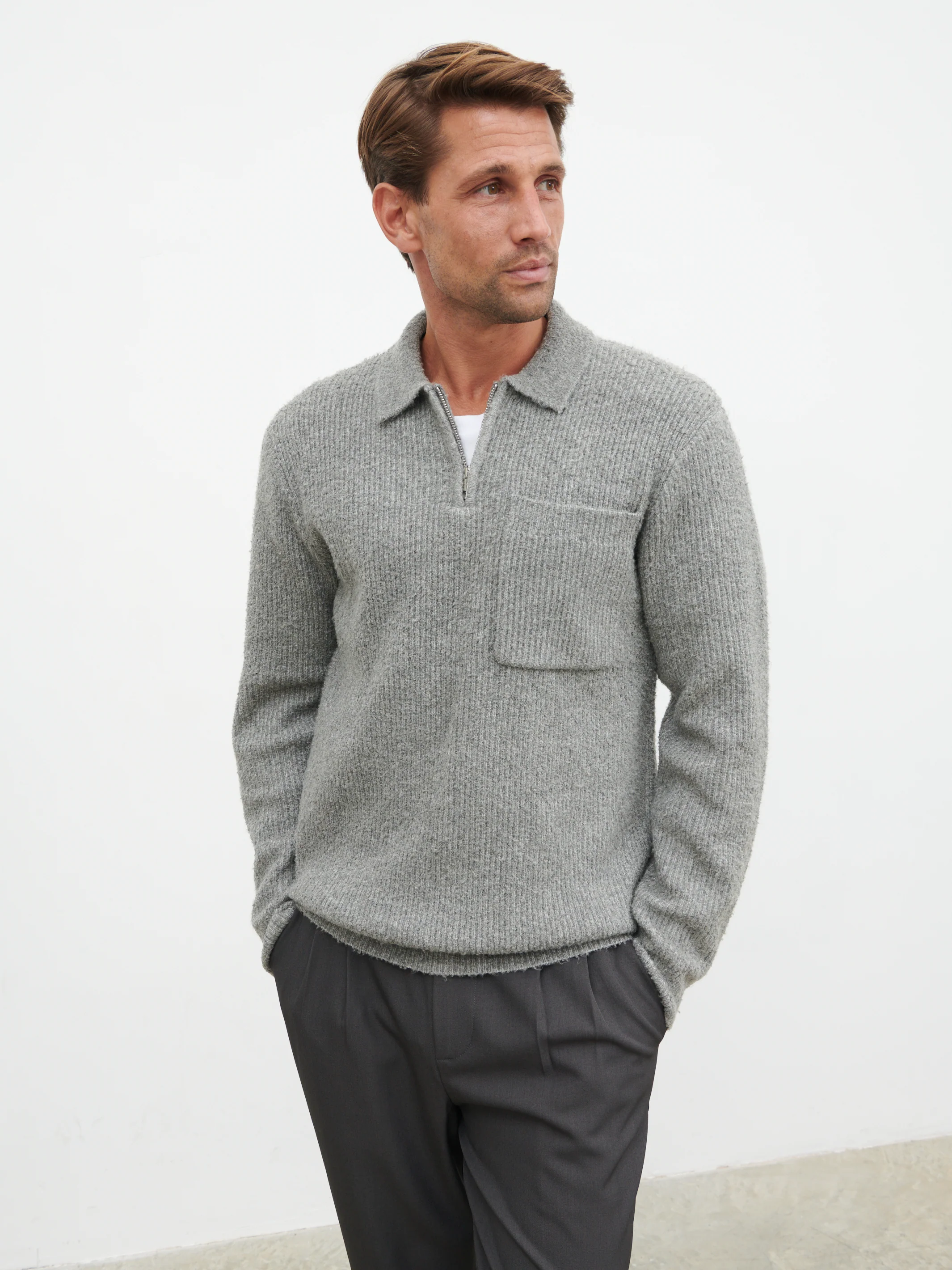 Henley Boucle Knit Zip Jumper - Charcoal - Image 4