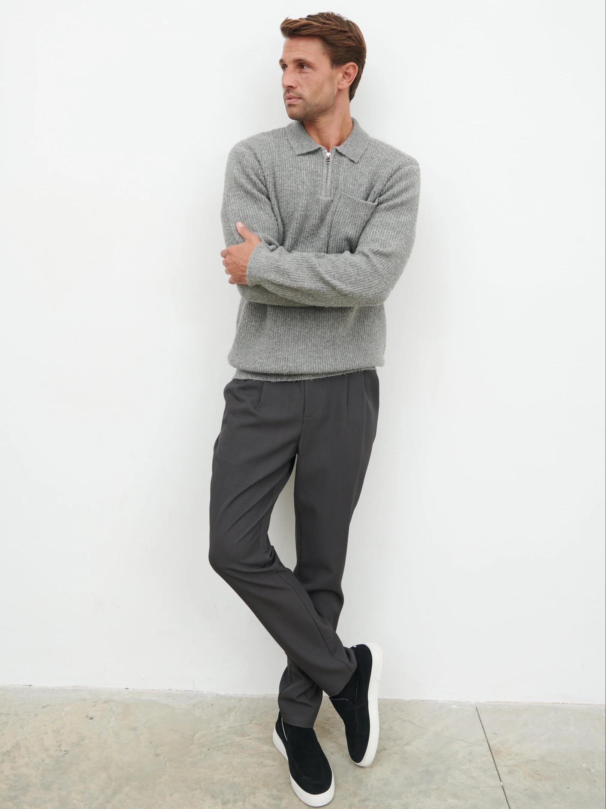 Henley Boucle Knit Zip Jumper - Charcoal - Image 6