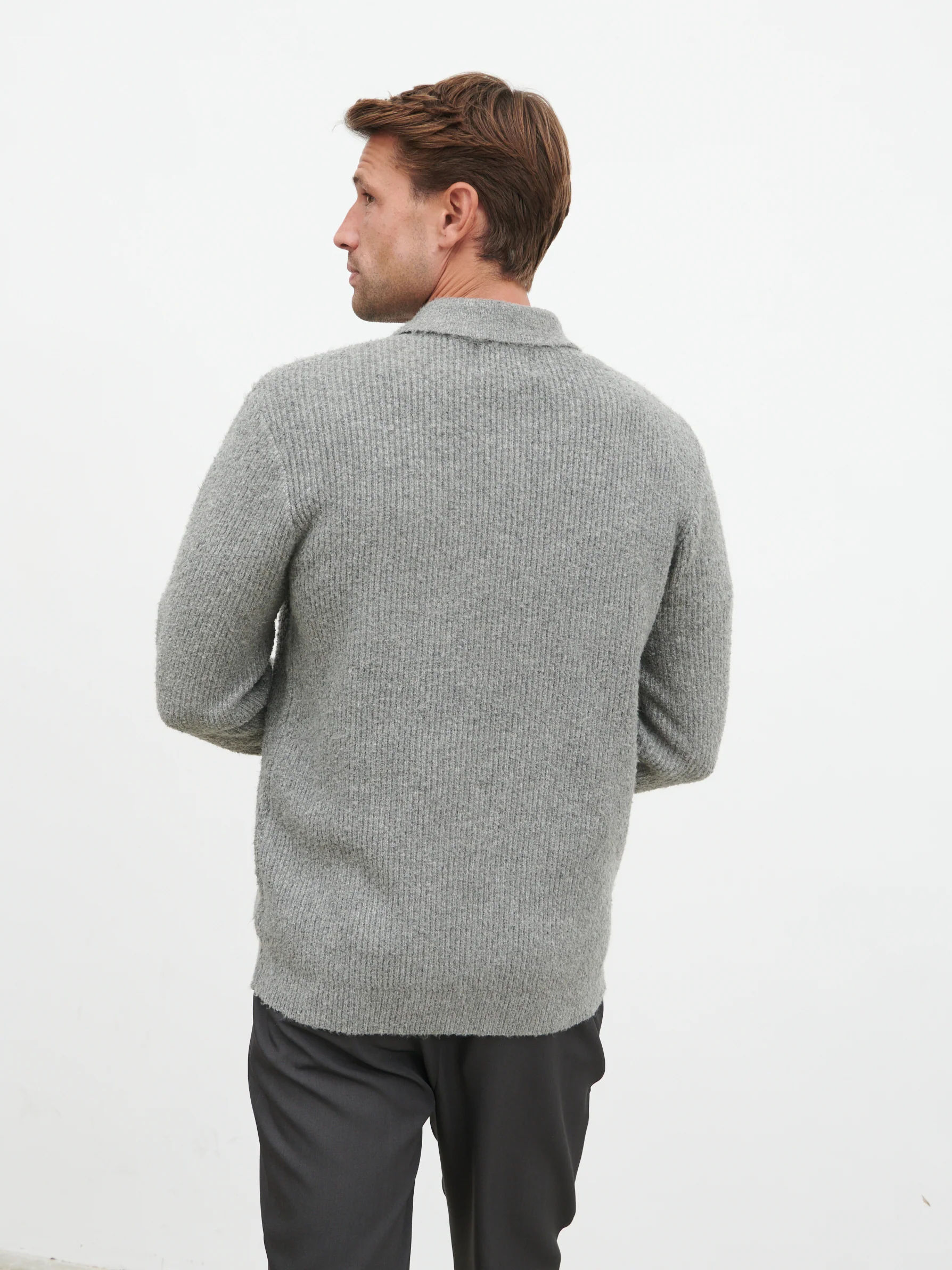 Henley Boucle Knit Zip Jumper - Charcoal - Image 7