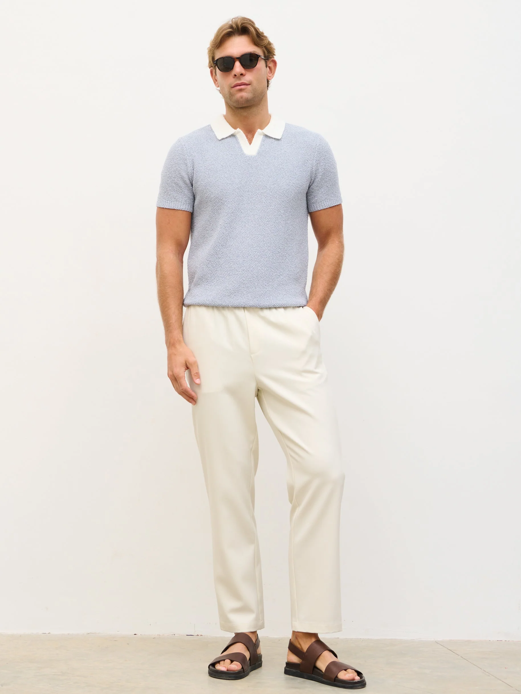Hugo Oversized Open Collar Knit Polo - Blue and White - Image 3