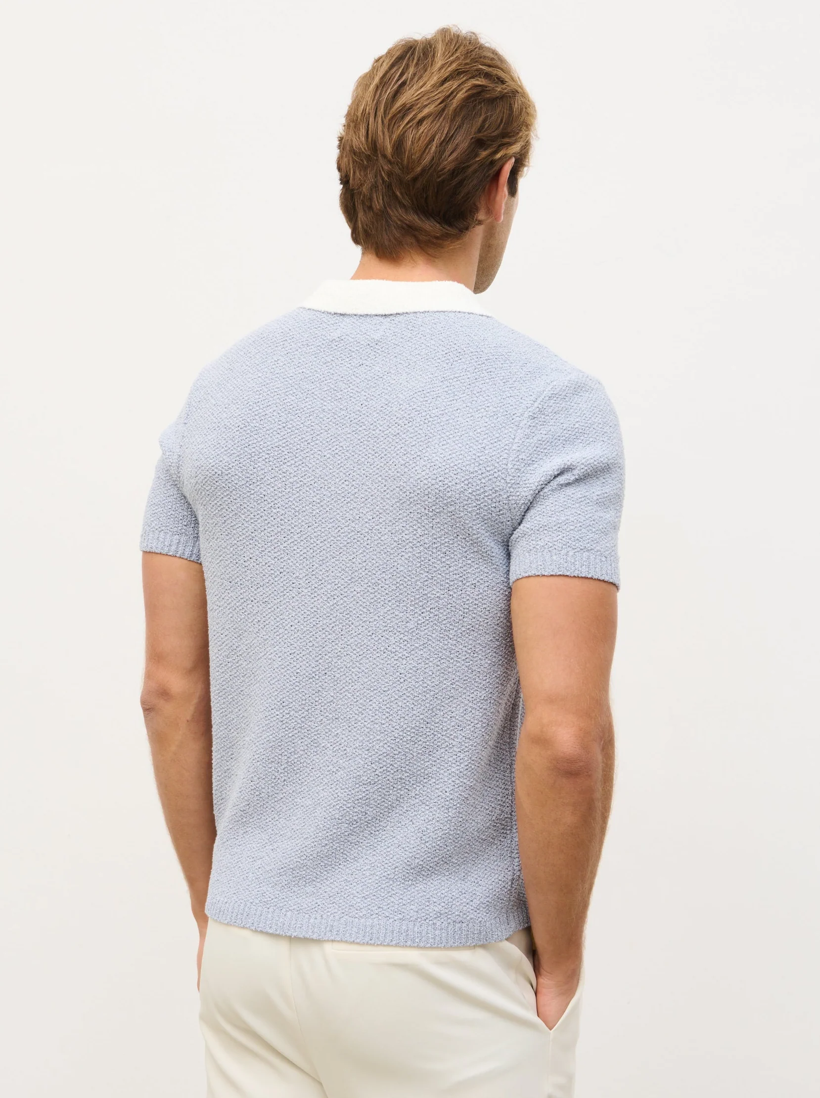 Hugo Oversized Open Collar Knit Polo - Blue and White - Image 6