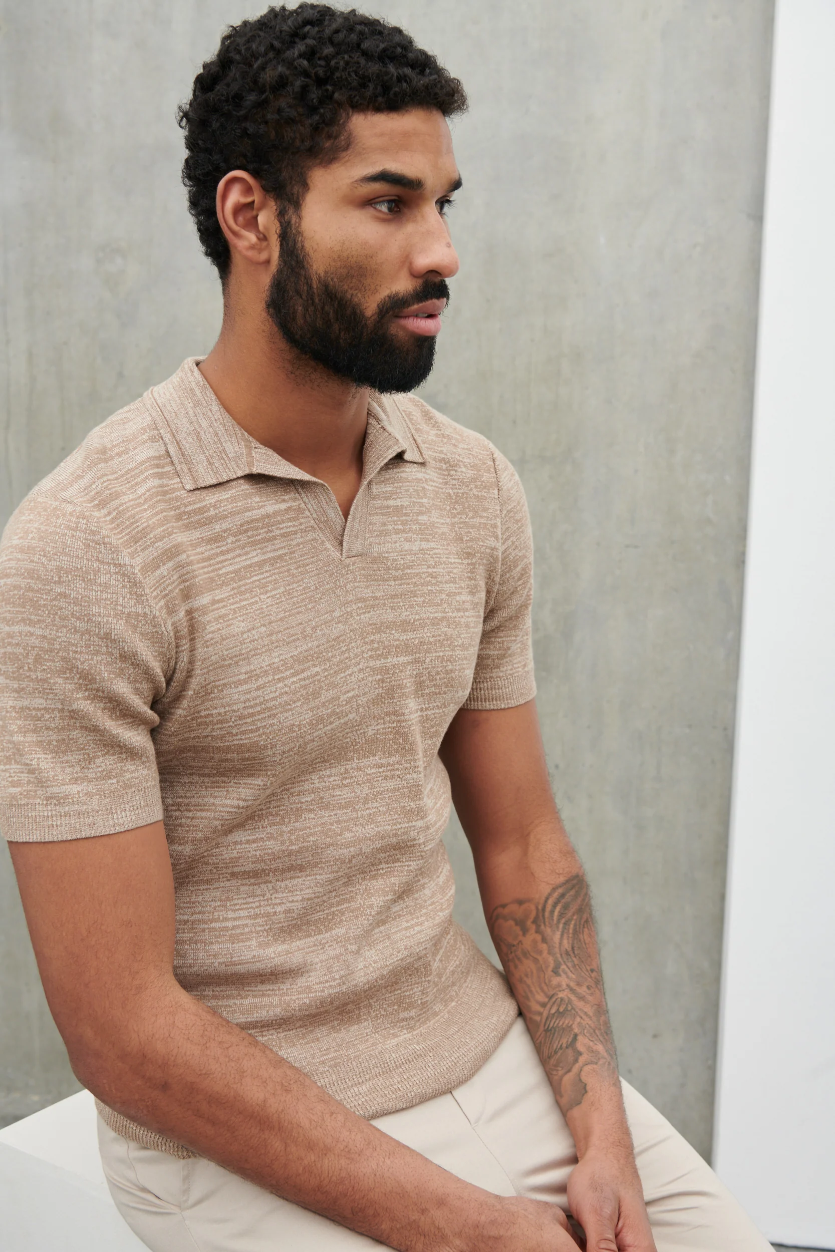 Isaac Space Dye Knit Polo - Beige - Image 3