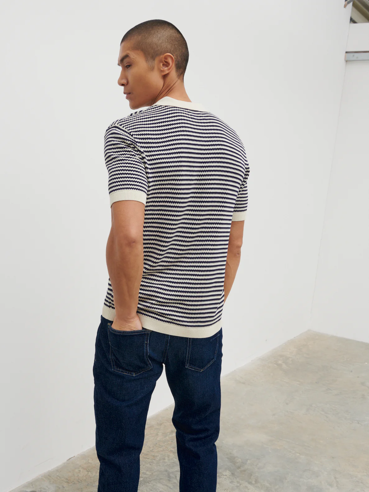 Jacob Stripe Knit Polo - Navy and Cream - Image 11