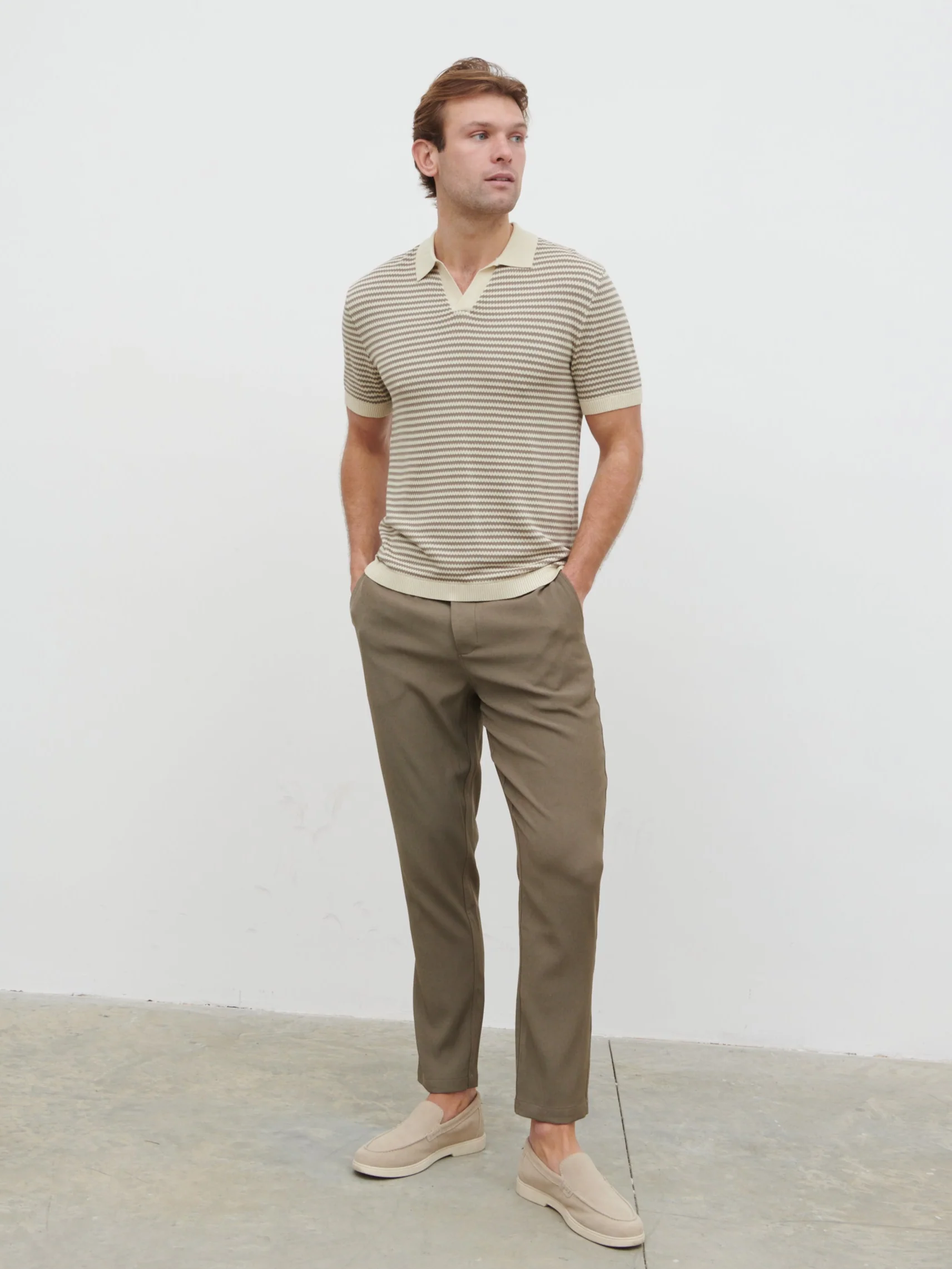 Jacob Stripe Knit Polo - Taupe and Cream - Image 4