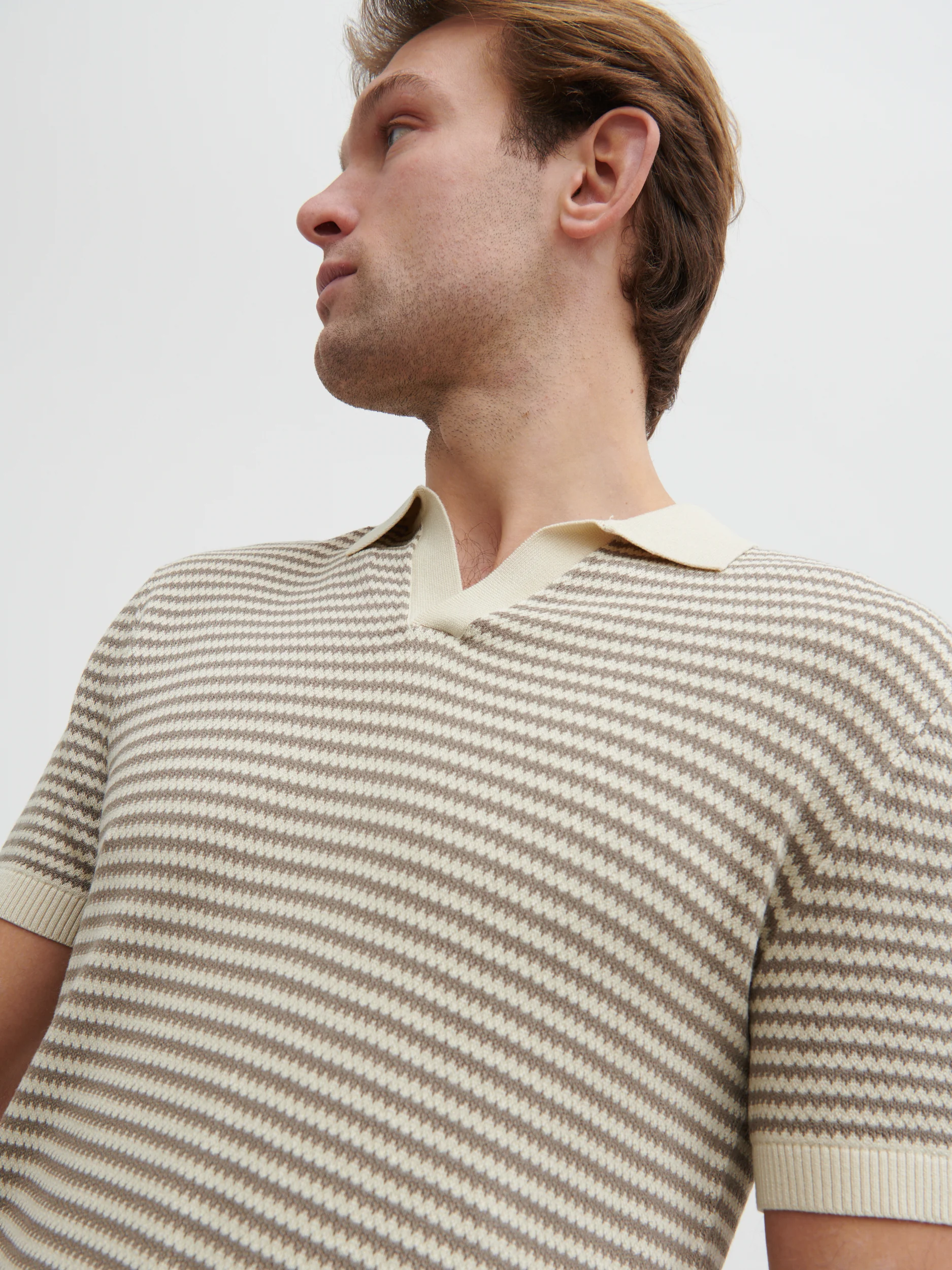 Jacob Stripe Knit Polo - Taupe and Cream - Image 5