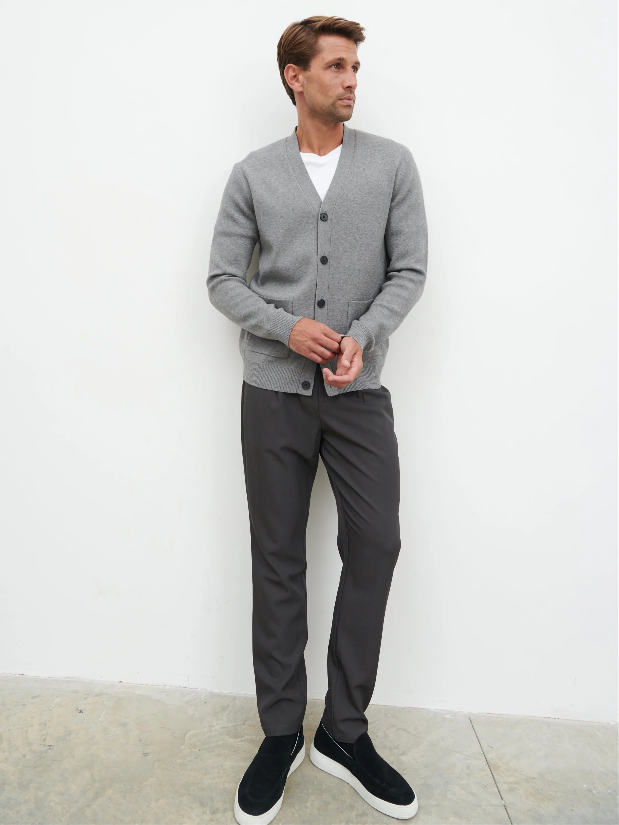 Kian Collarless Pocket Knit Cardigan - Charcoal - Image 3
