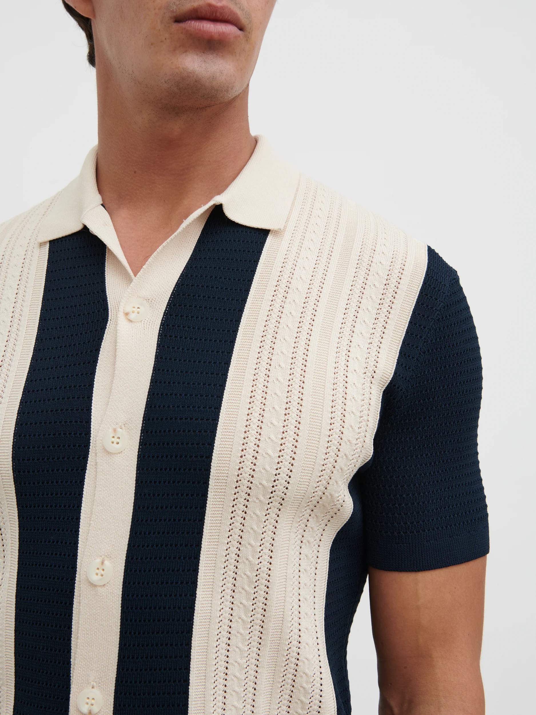 Kyle Contrast Stripe Button Down Knitted Shirt - Navy & Cream - Image 4