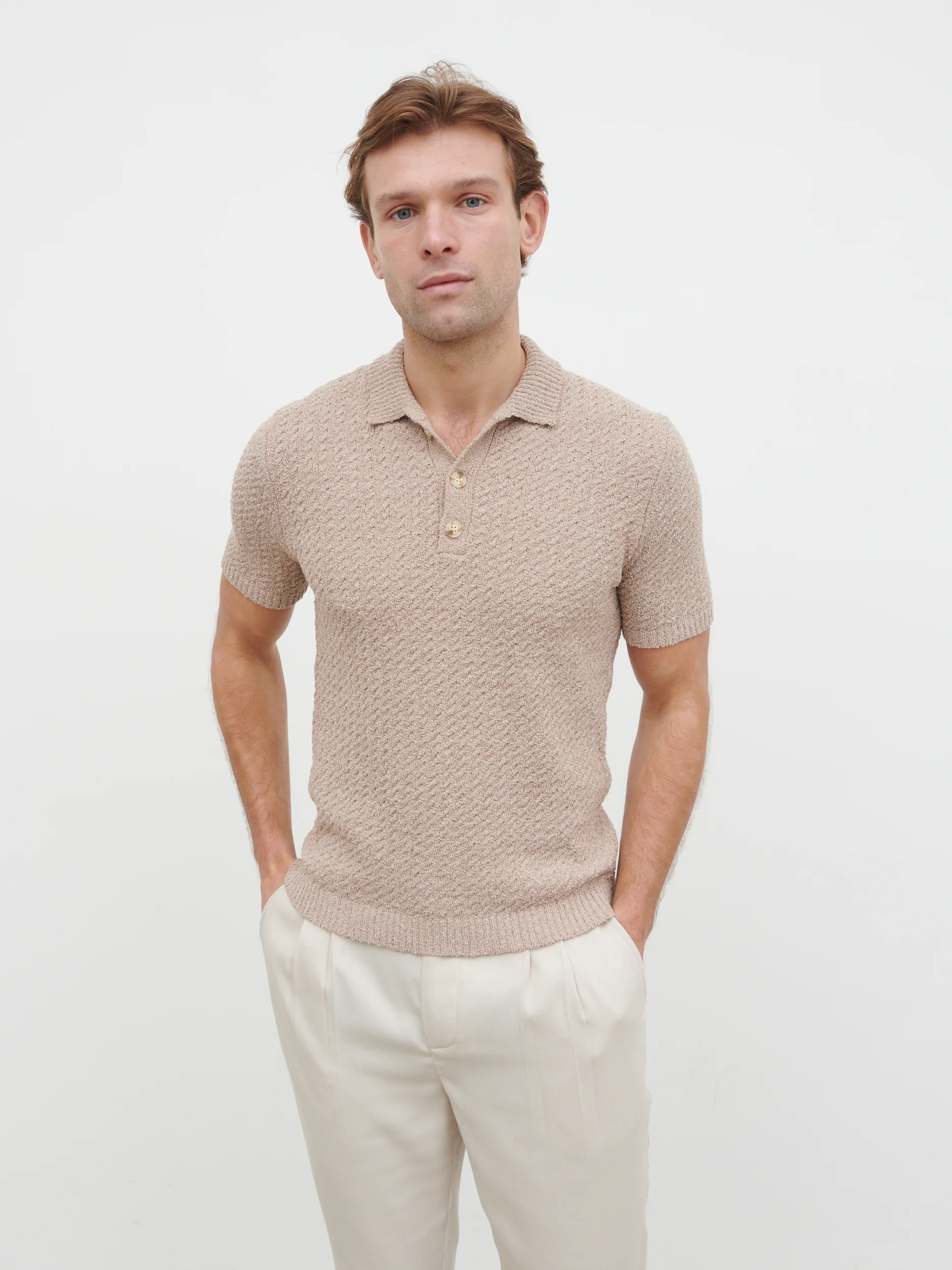 Leonardo Textured Cable Knit Polo - Taupe