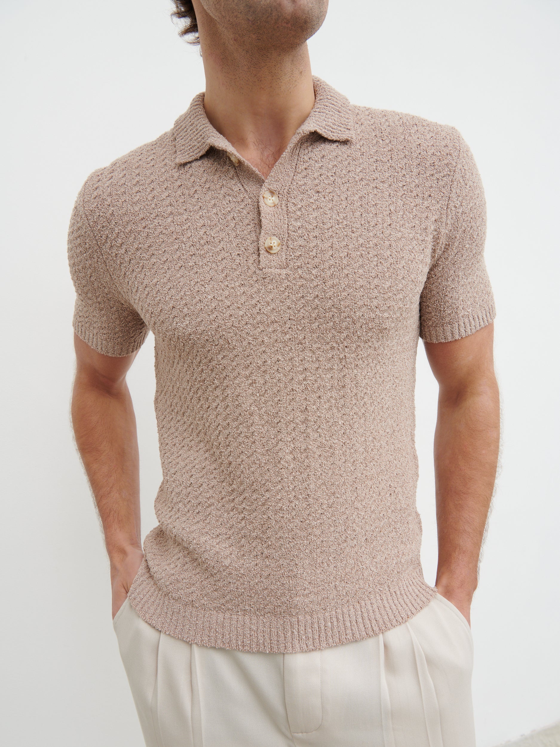 Leonardo Textured Cable Knit Polo - Taupe - Image 2