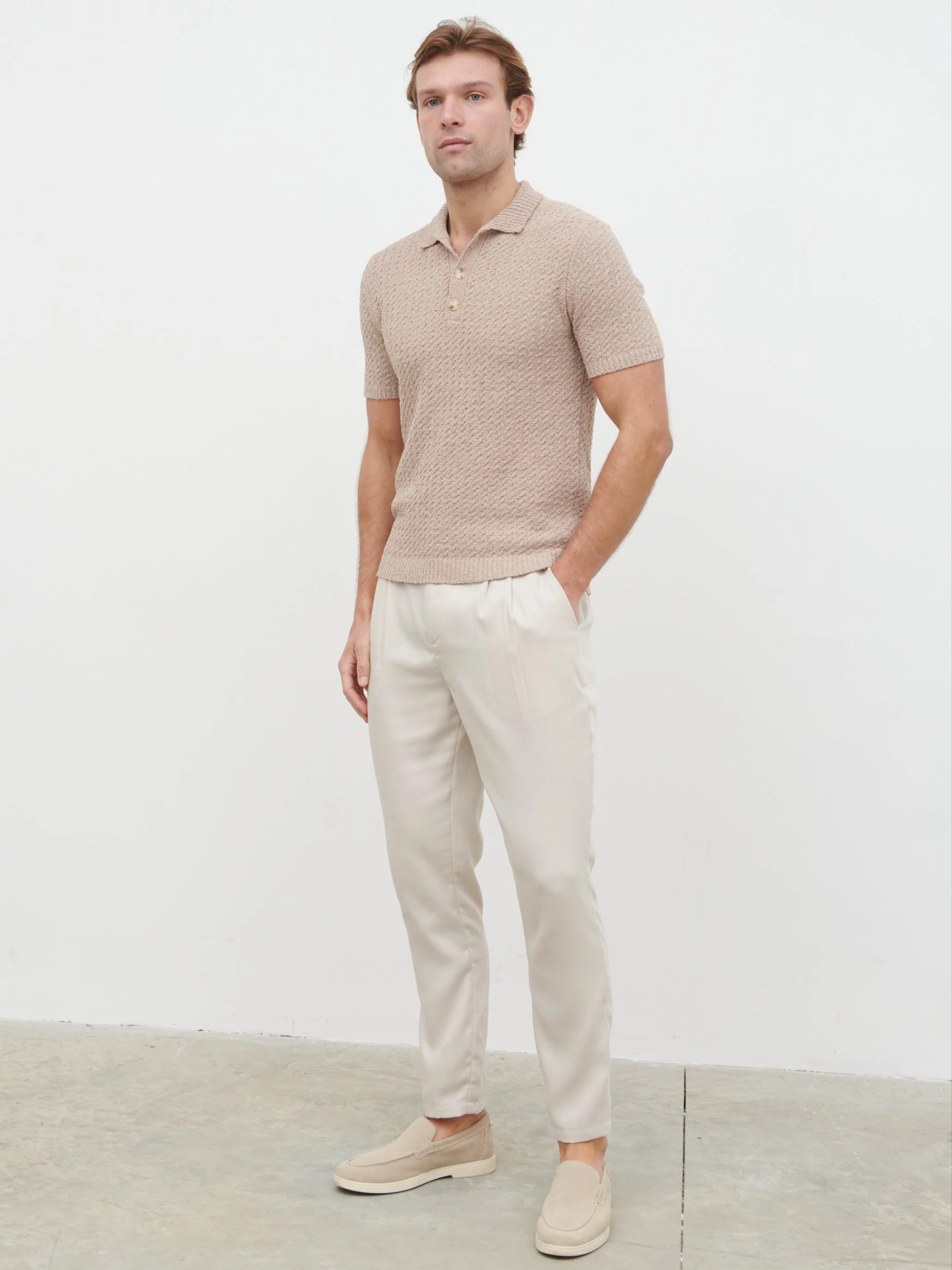 Leonardo Textured Cable Knit Polo - Taupe - Image 3