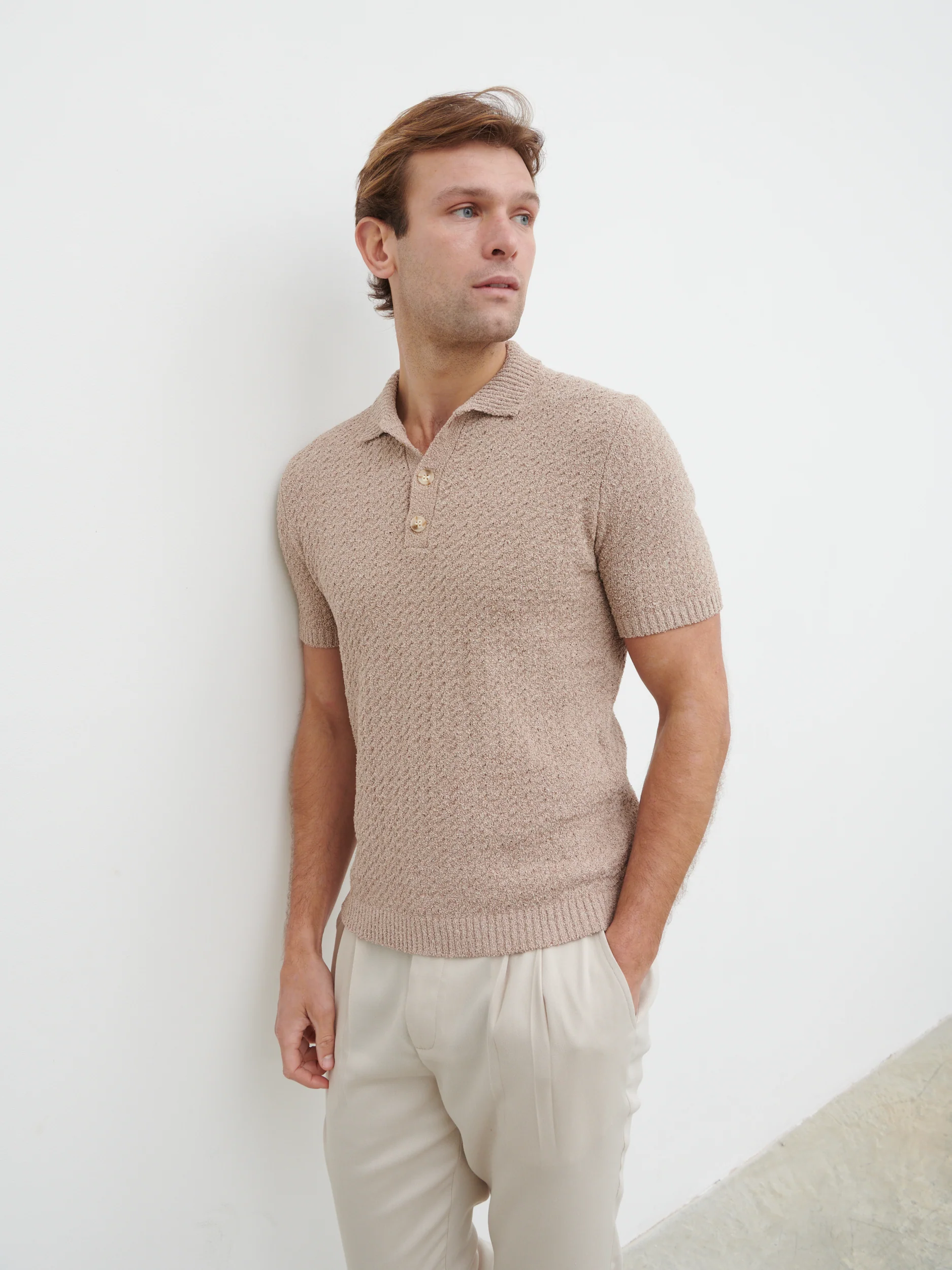 Leonardo Textured Cable Knit Polo - Taupe - Image 4