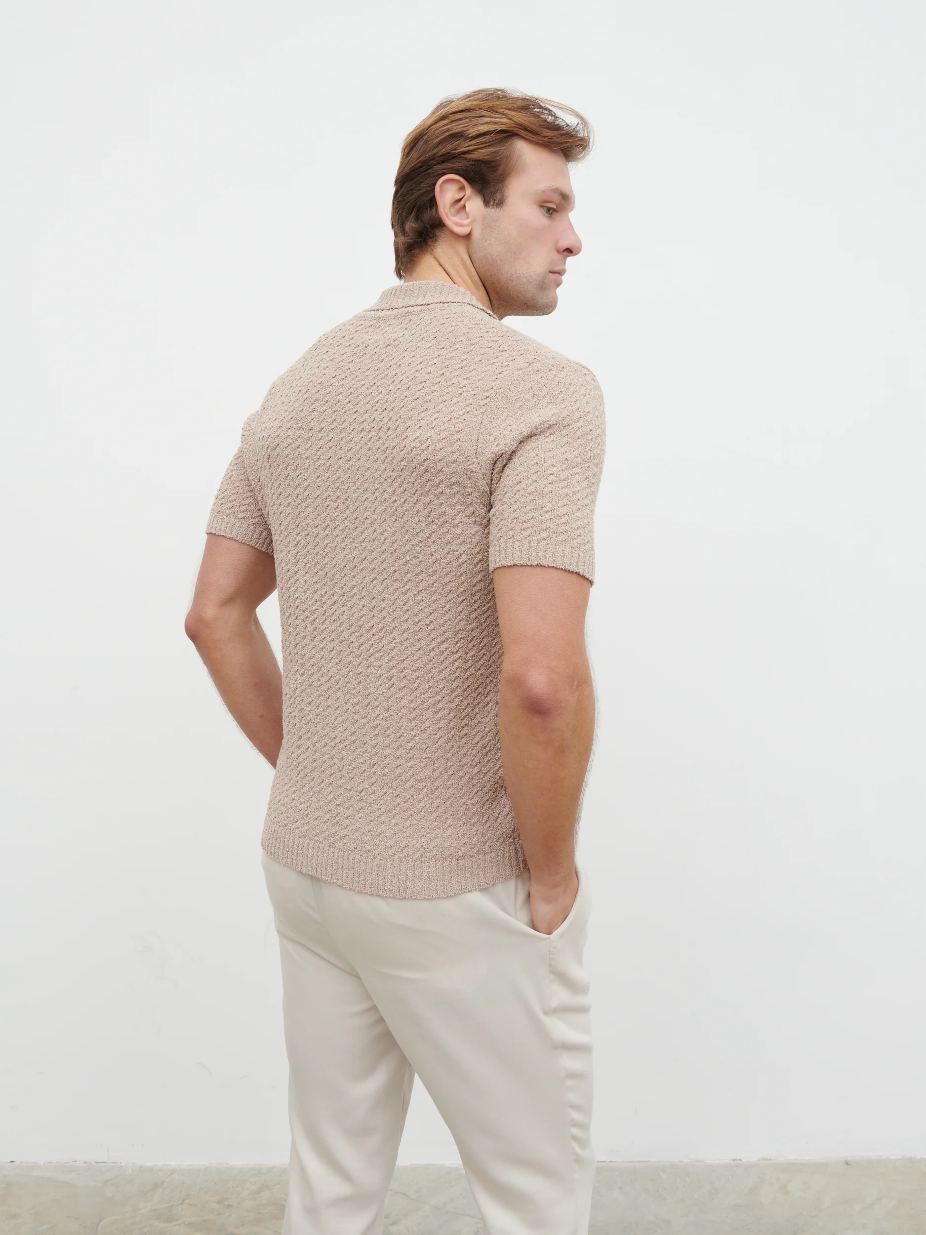 Leonardo Textured Cable Knit Polo - Taupe - Image 5