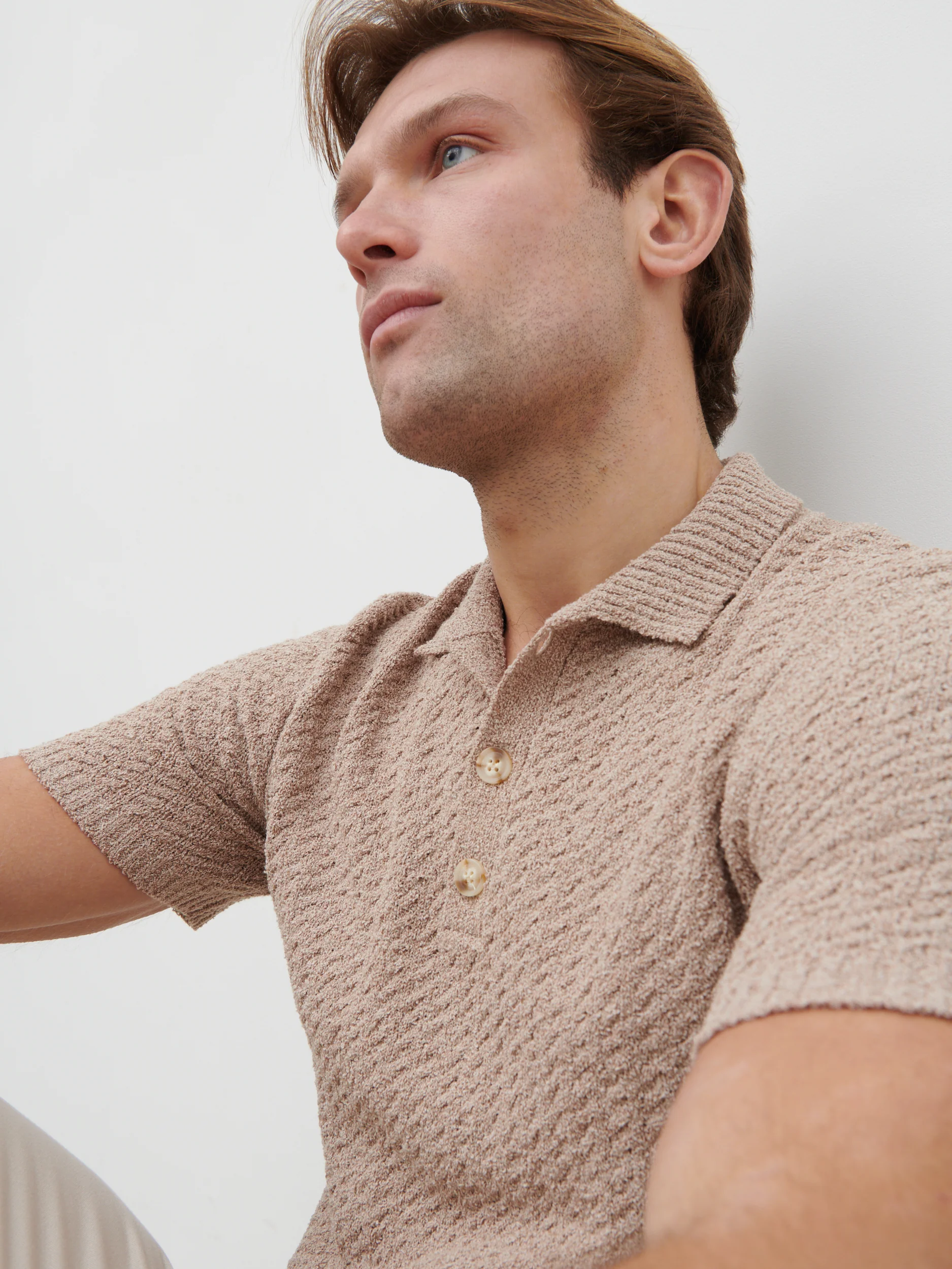 Leonardo Textured Cable Knit Polo - Taupe - Image 6