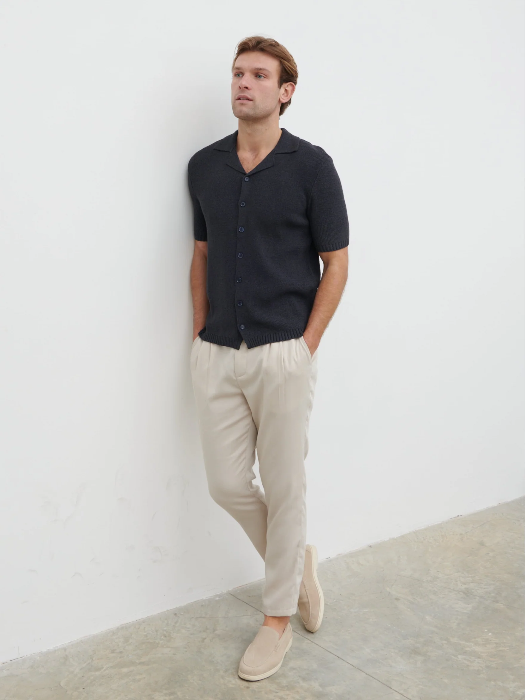 Liam Short Sleeve Textured Knit Shirt - Navy - Image 4