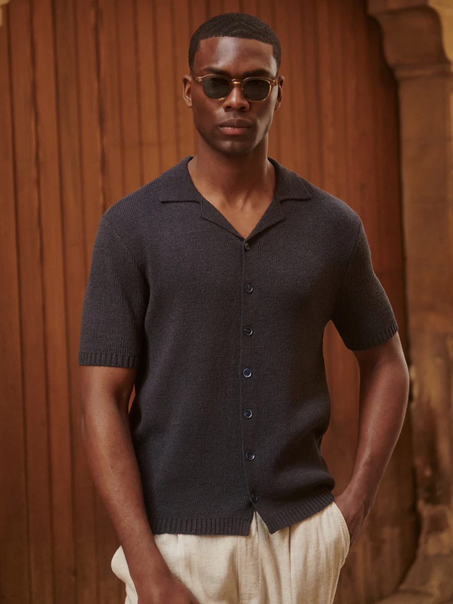 Liam Short Sleeve Textured Knit Shirt - Navy - Image 6