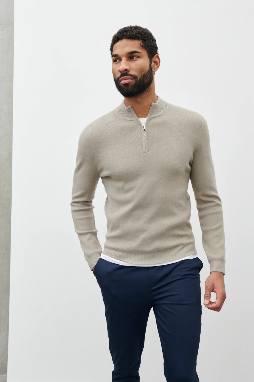 Logan Grown On Neck Half Zip Jumper - Light Taupe - Image 4