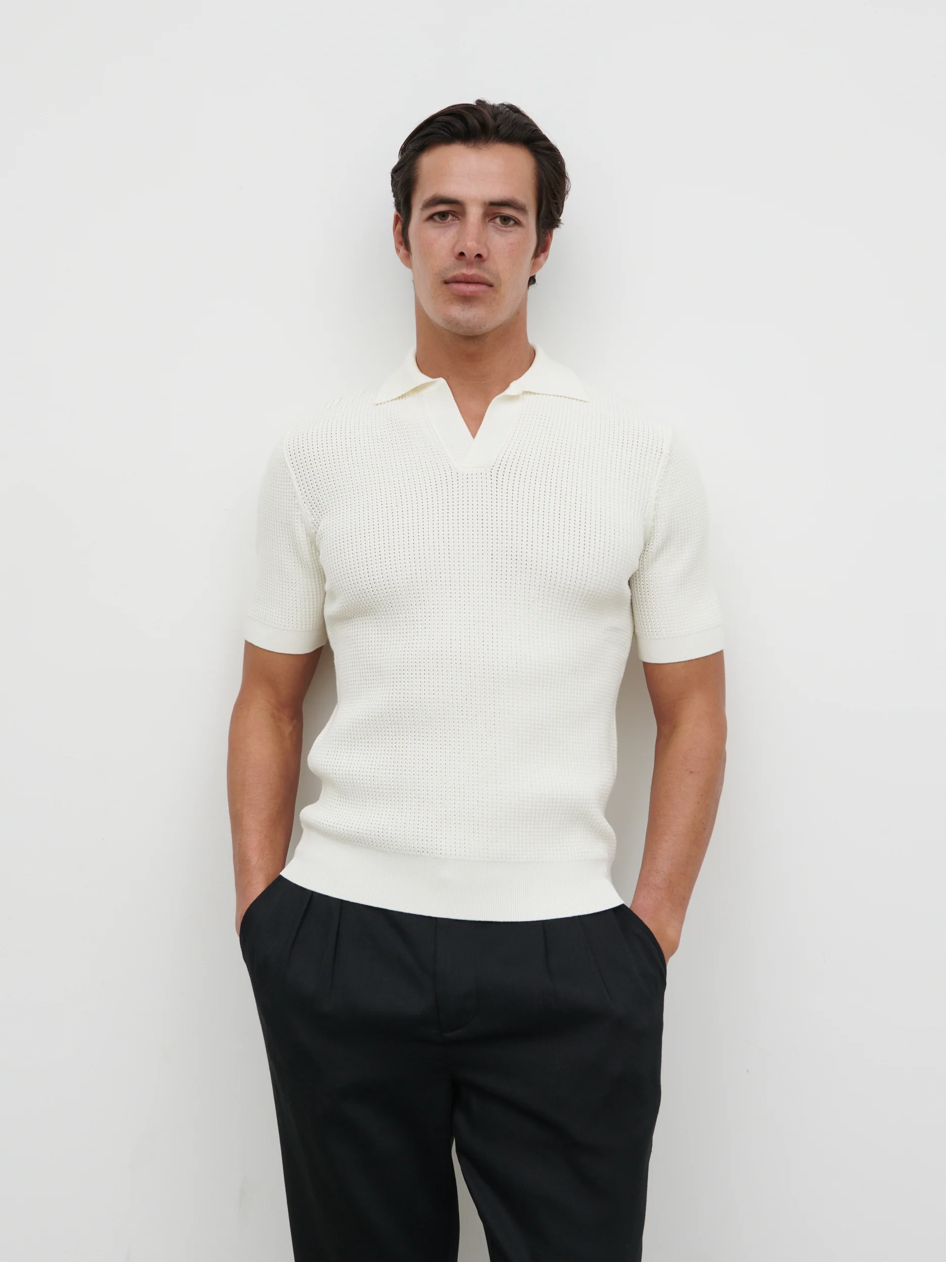Luka Openwork Knit Polo - Cream
