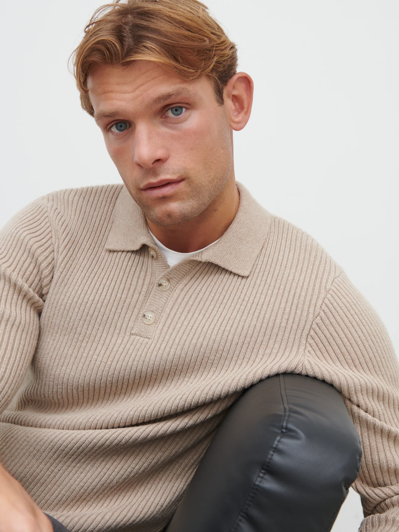 Maxwell Ribbed Knit Long Sleeve Polo - Beige Marl - Image 4
