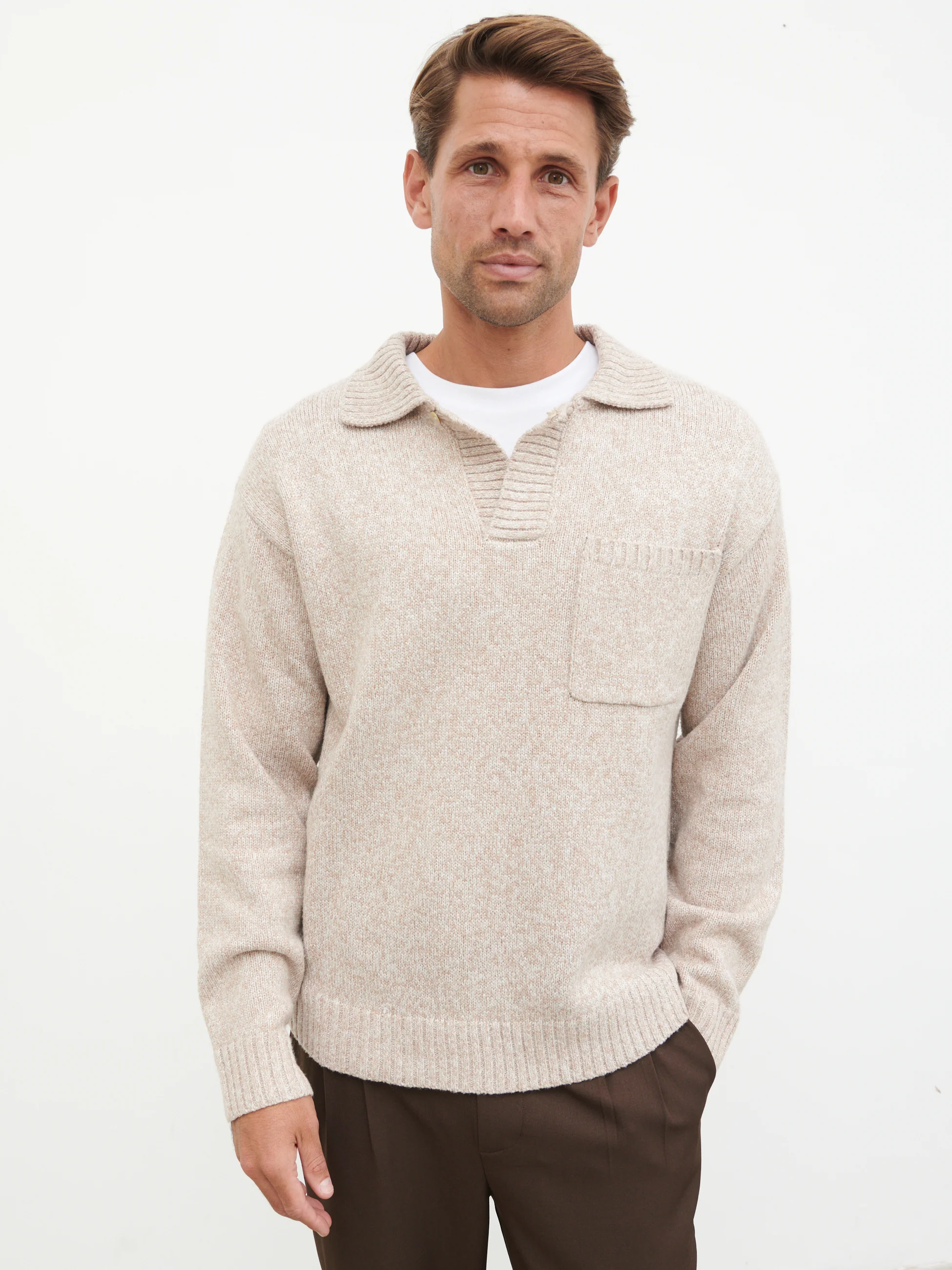 Maynard Pocket Detail Knit Jumper - Light Beige Marl - Image 7