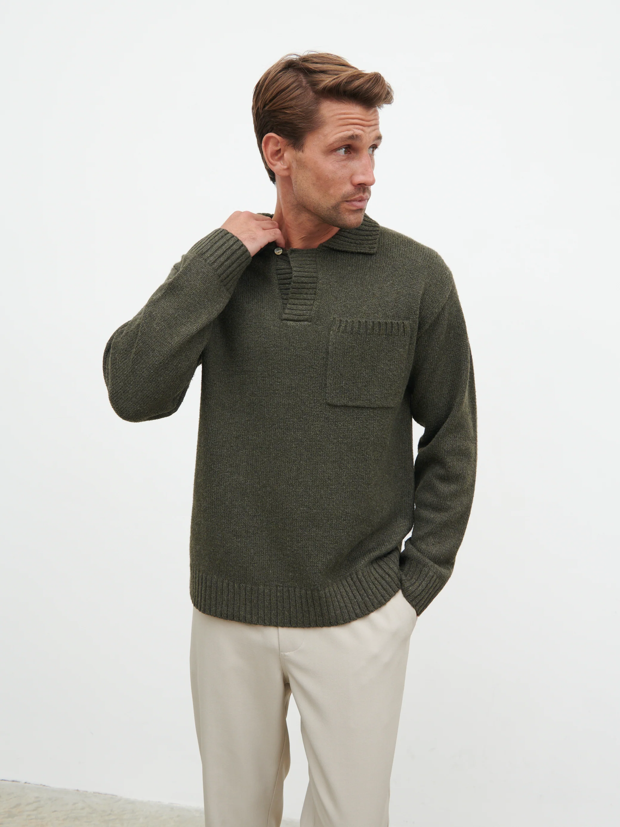 Maynard Pocket Detail Knit Jumper - Olive - Image 6