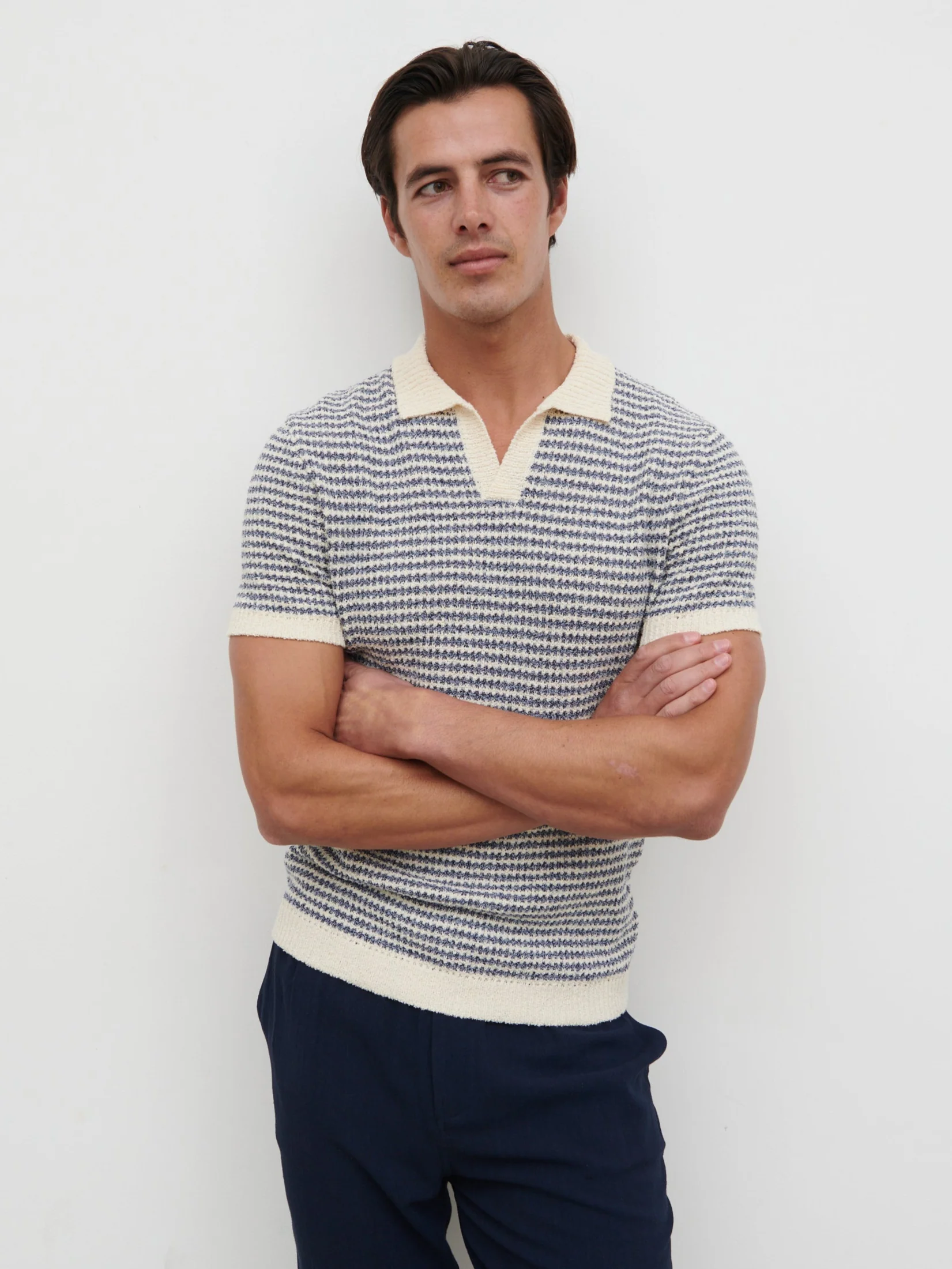 Myles Stripe Crochet Knit Polo - Blue & Cream - Image 5