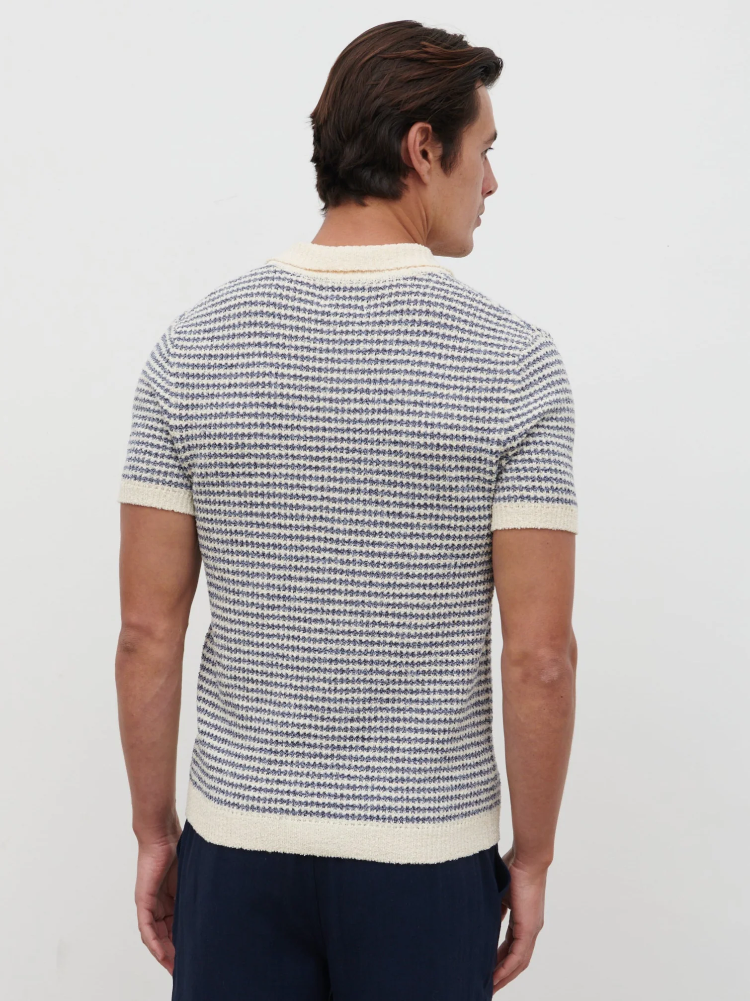 Myles Stripe Crochet Knit Polo - Blue & Cream - Image 6