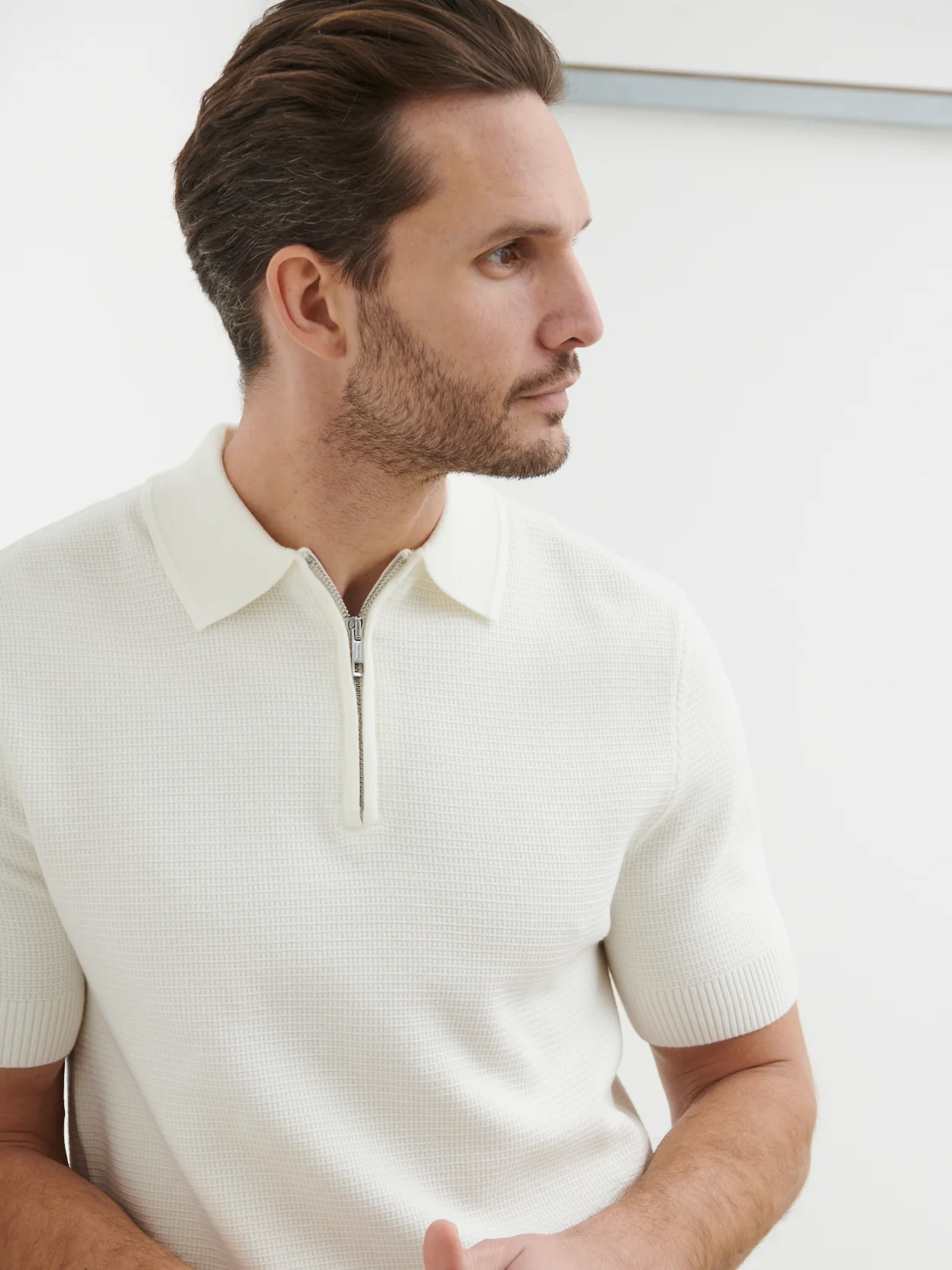Nolan Textured Zip Polo - Cream - Image 4