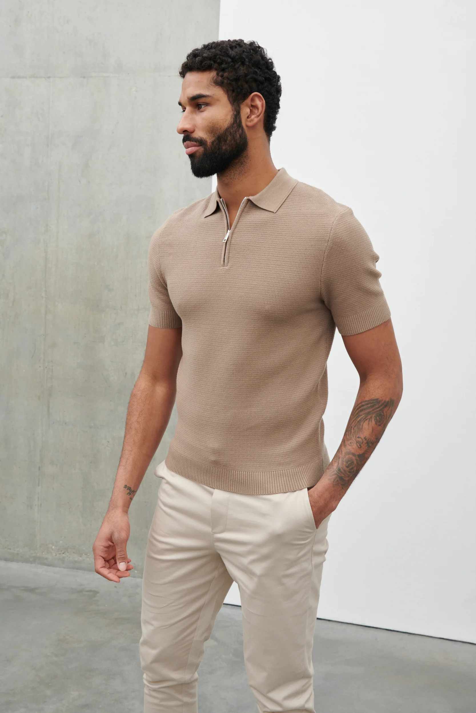 Nolan Textured Zip Polo - Taupe - Image 4