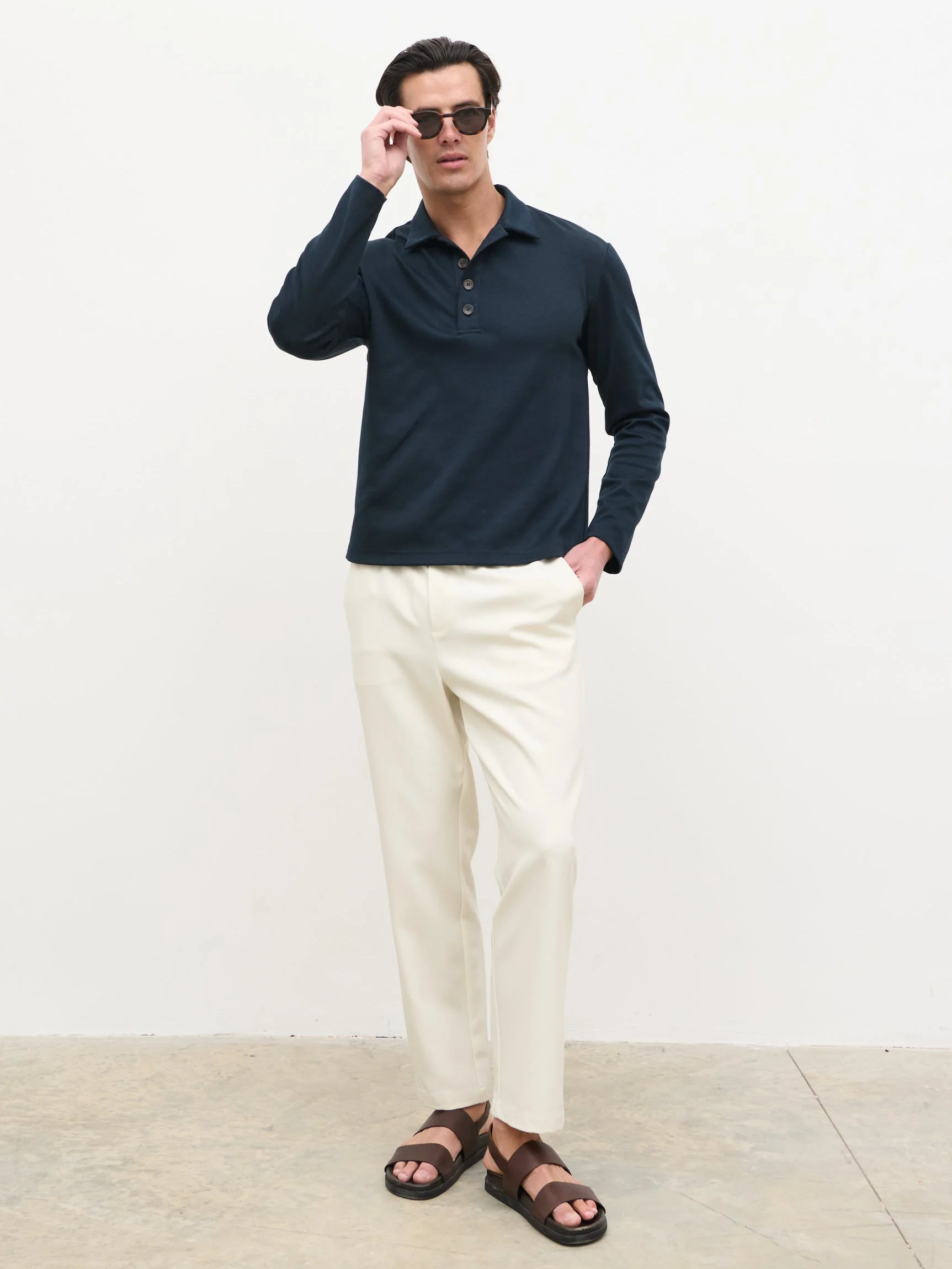 Patrick Long Sleeve Jersey Polo Top - Navy - Image 7