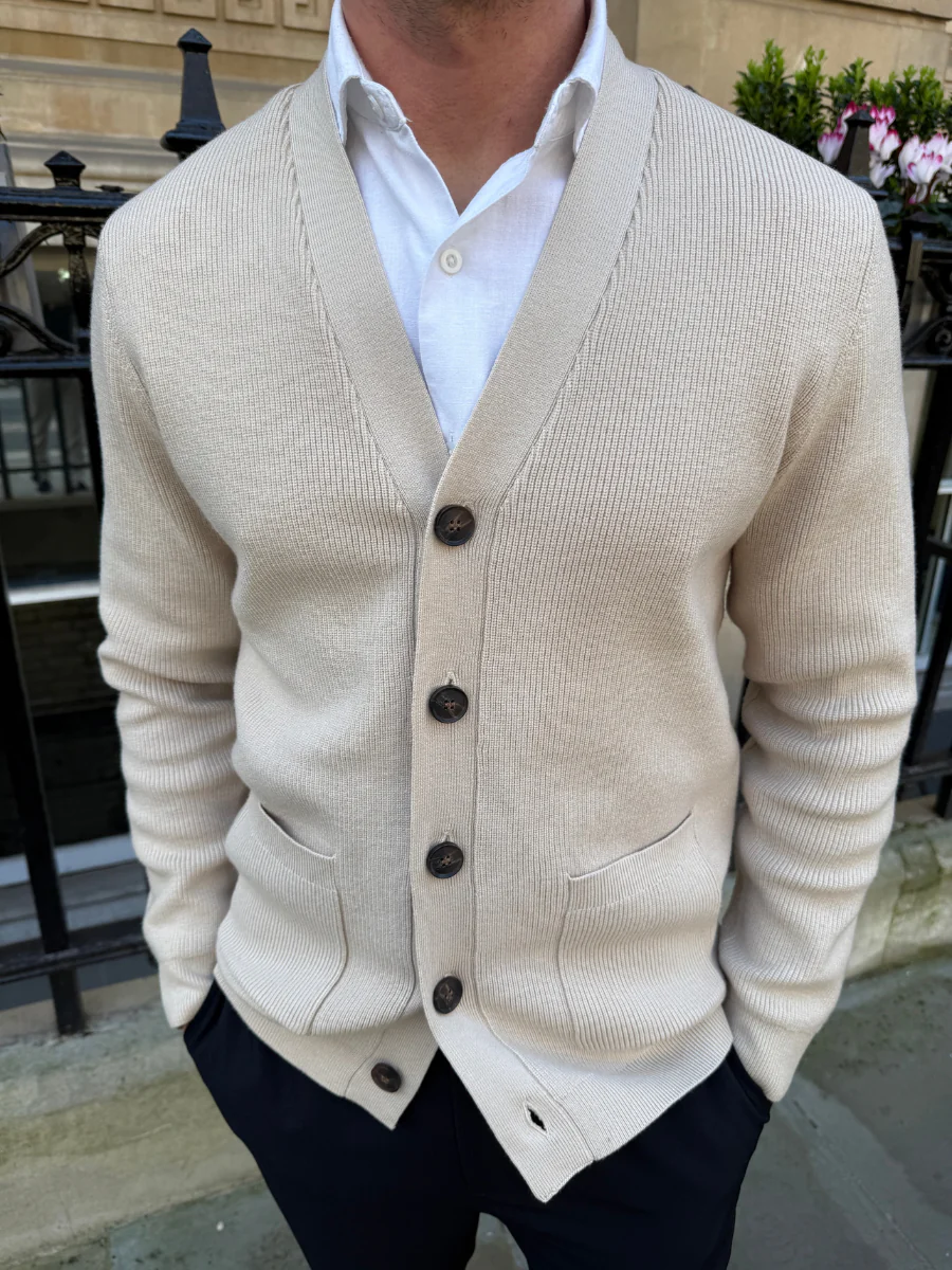 Percey Ribbed Knit Pocket Cardigan - Beige Marl - Image 2