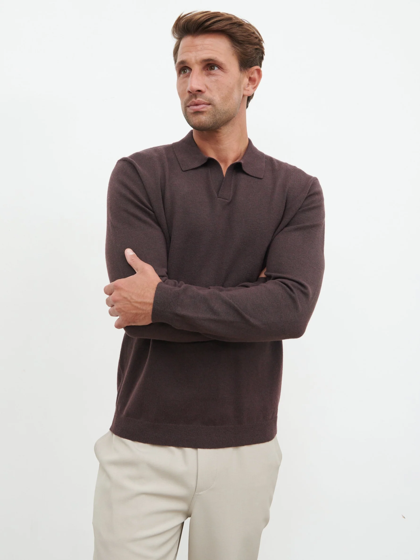 Robin Long Sleeve Lightweight Knit Polo - Chocolate - Image 5