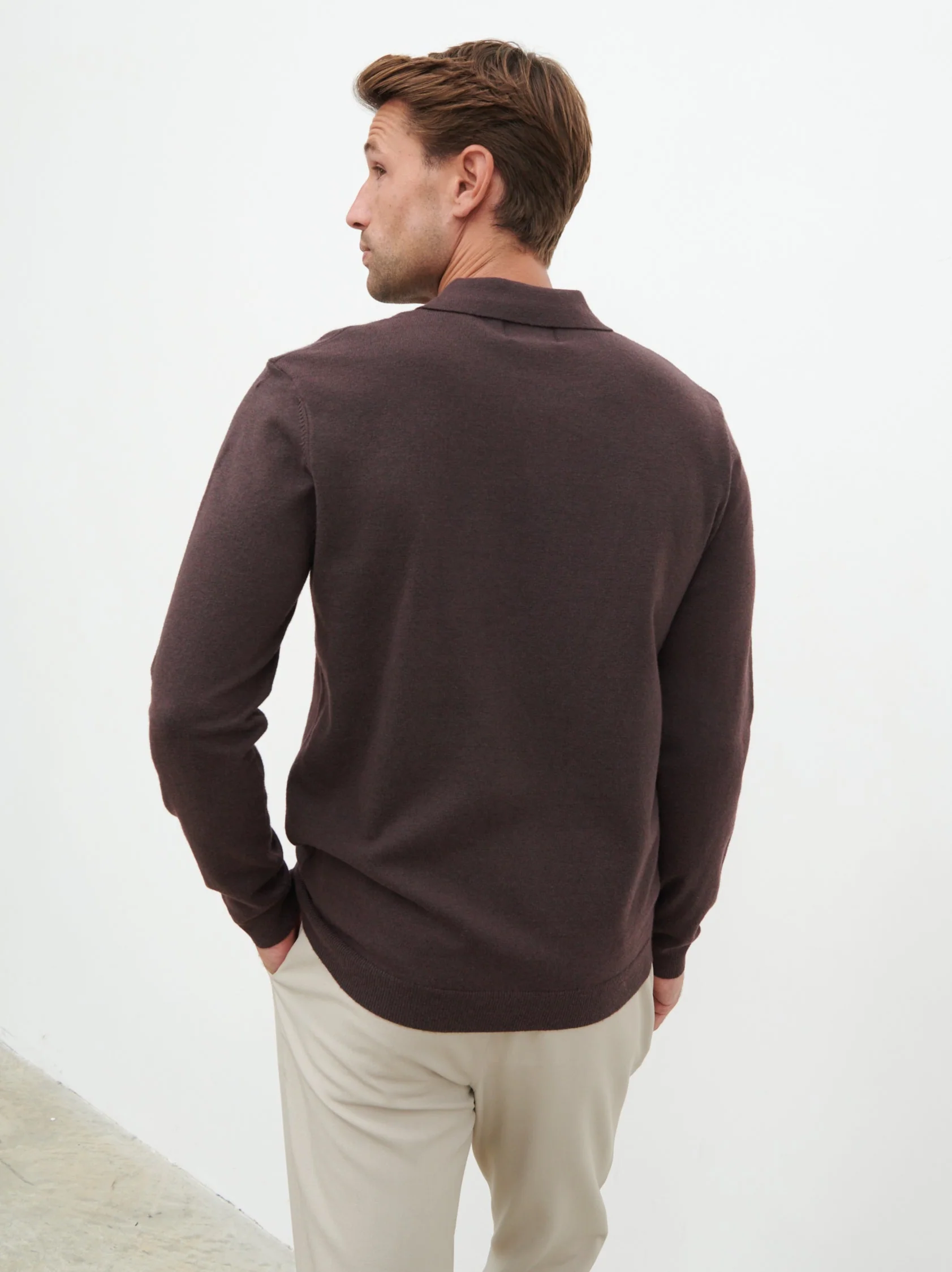 Robin Long Sleeve Lightweight Knit Polo - Chocolate - Image 6