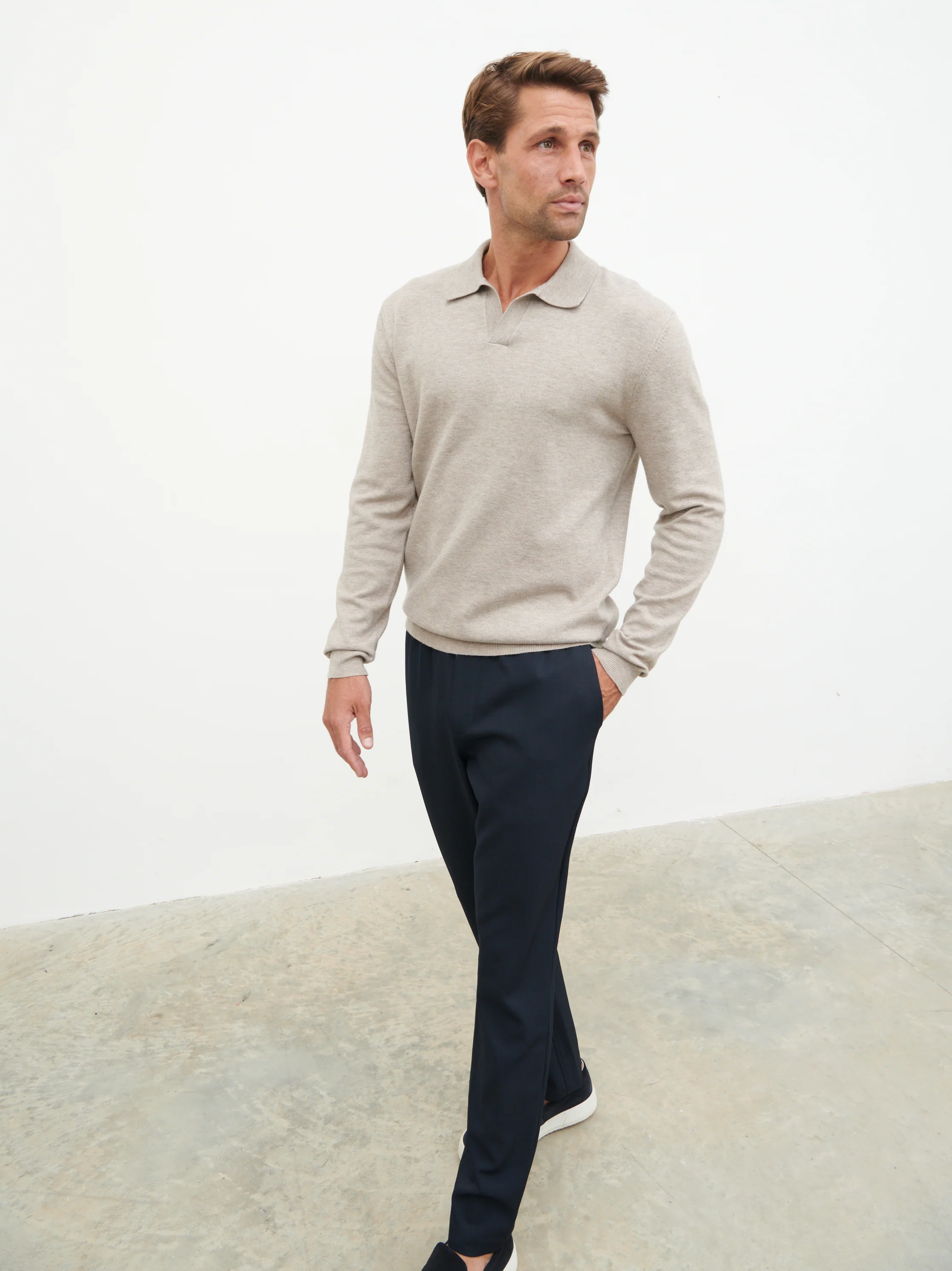 Robin Long Sleeve Lightweight Knit Polo - Taupe - Image 3