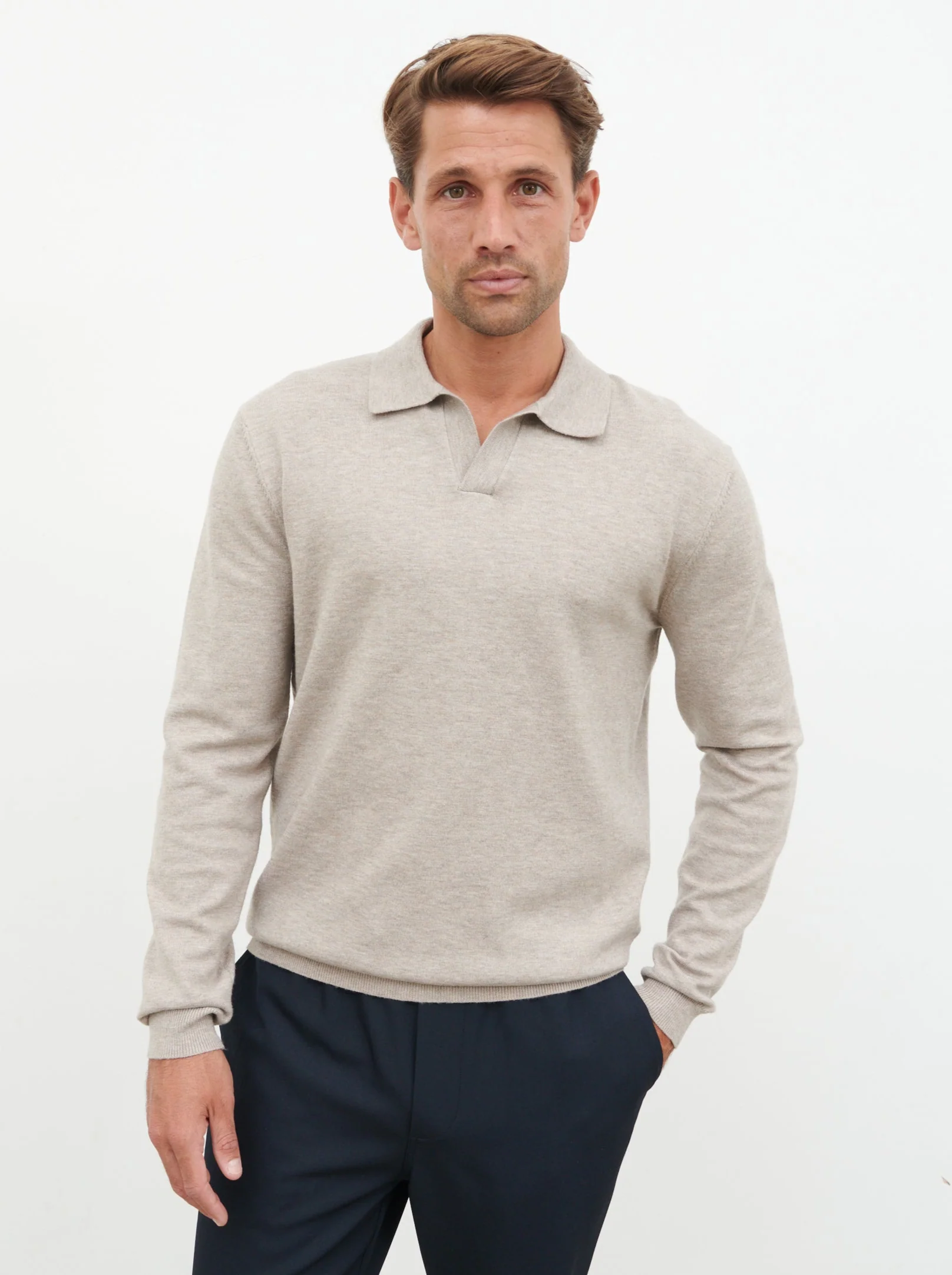 Robin Long Sleeve Lightweight Knit Polo - Taupe - Image 5