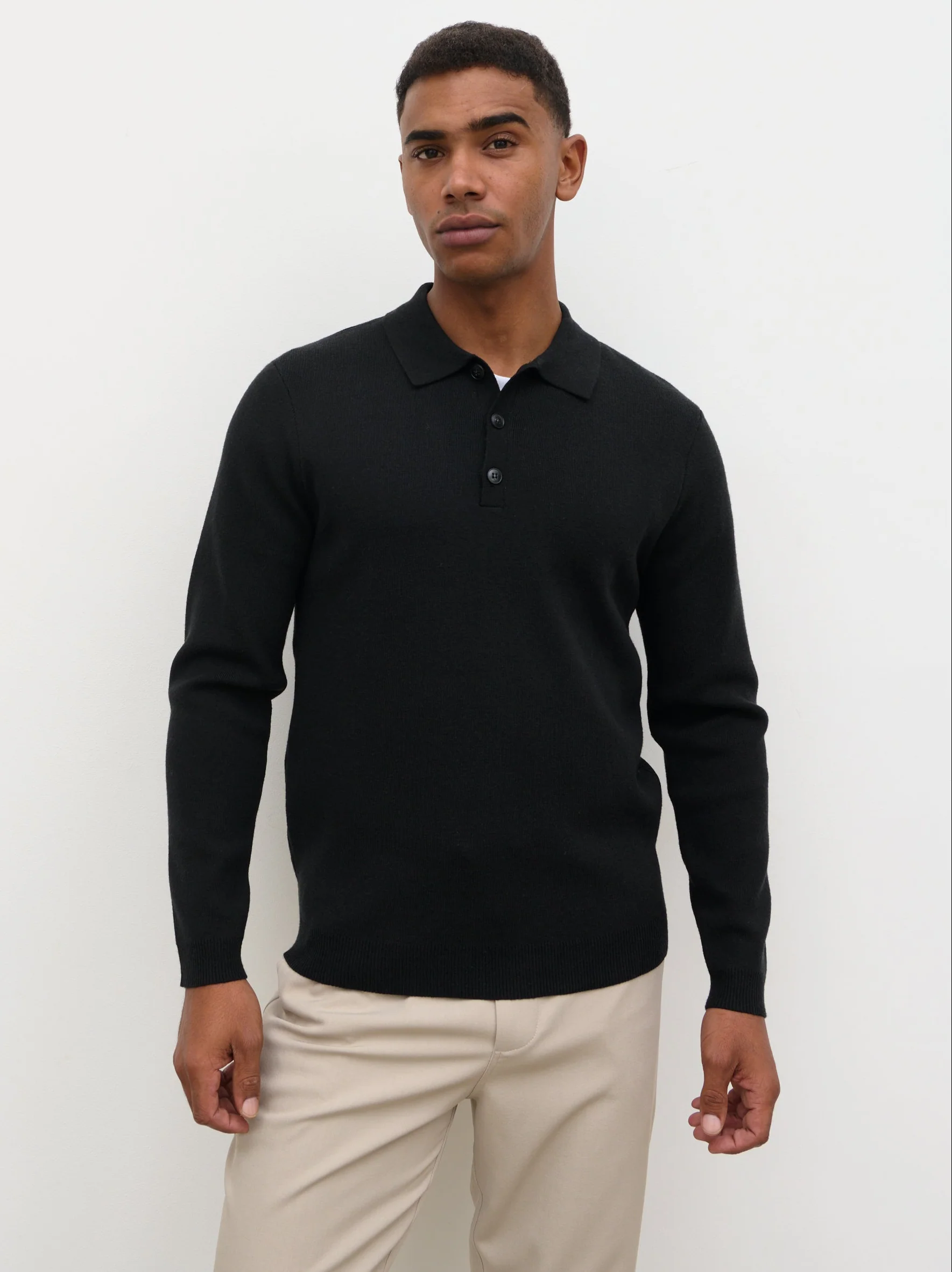 Rylan Button Long Sleeve Knit Polo - Black
